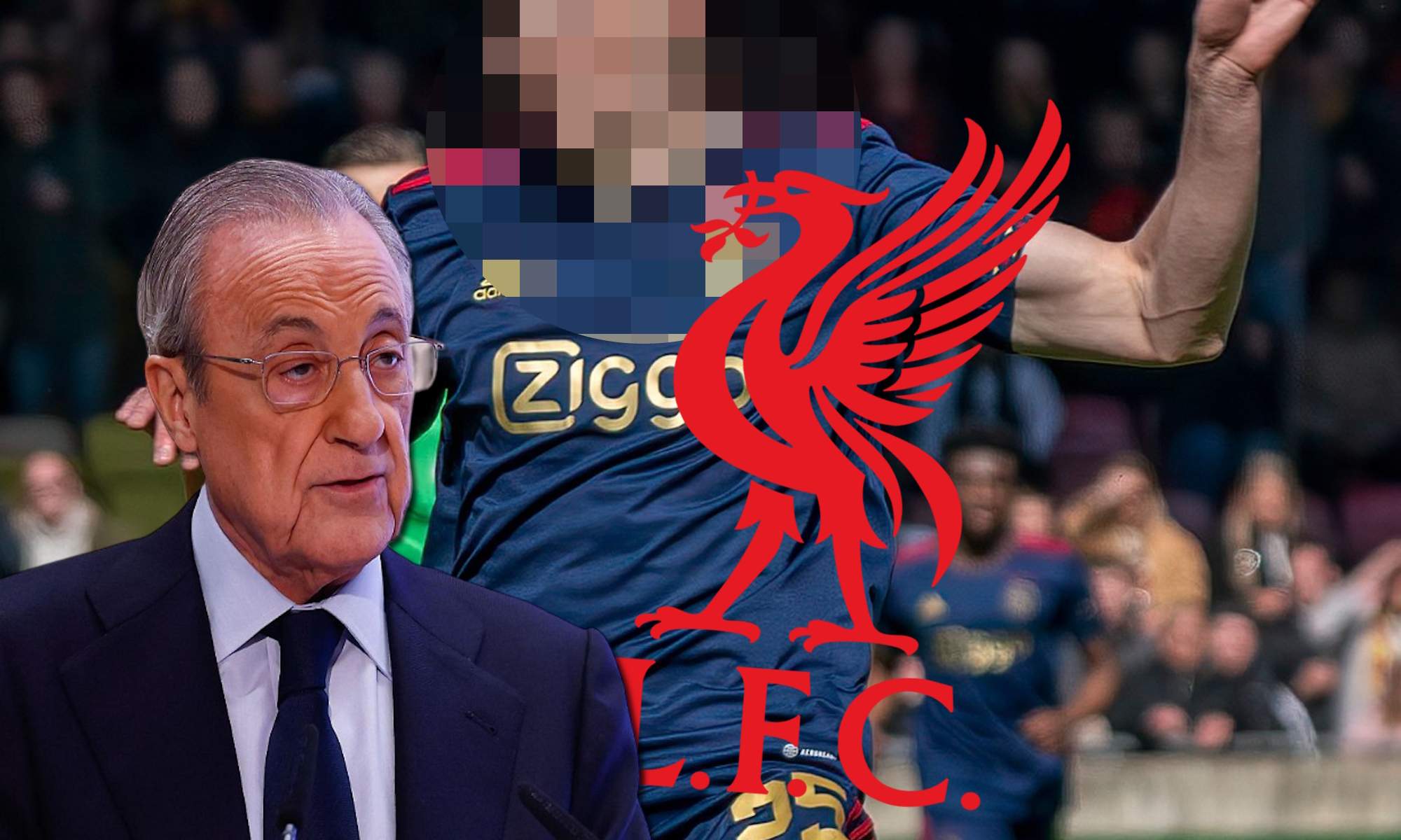 Jugador, escudo del Liverpool y Florentino Pérez Jugador, escudo del Liverpool y Florentino Pérez