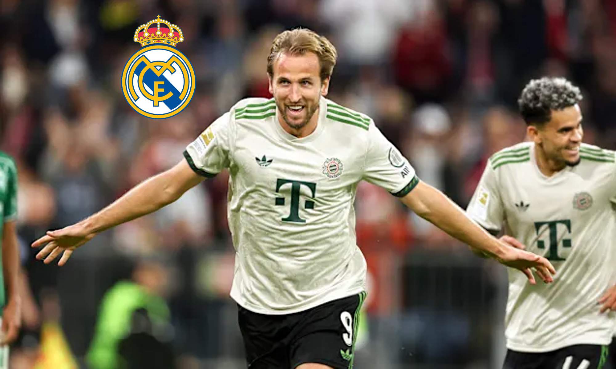 Harry Kane y el escudo del Real Madrid.