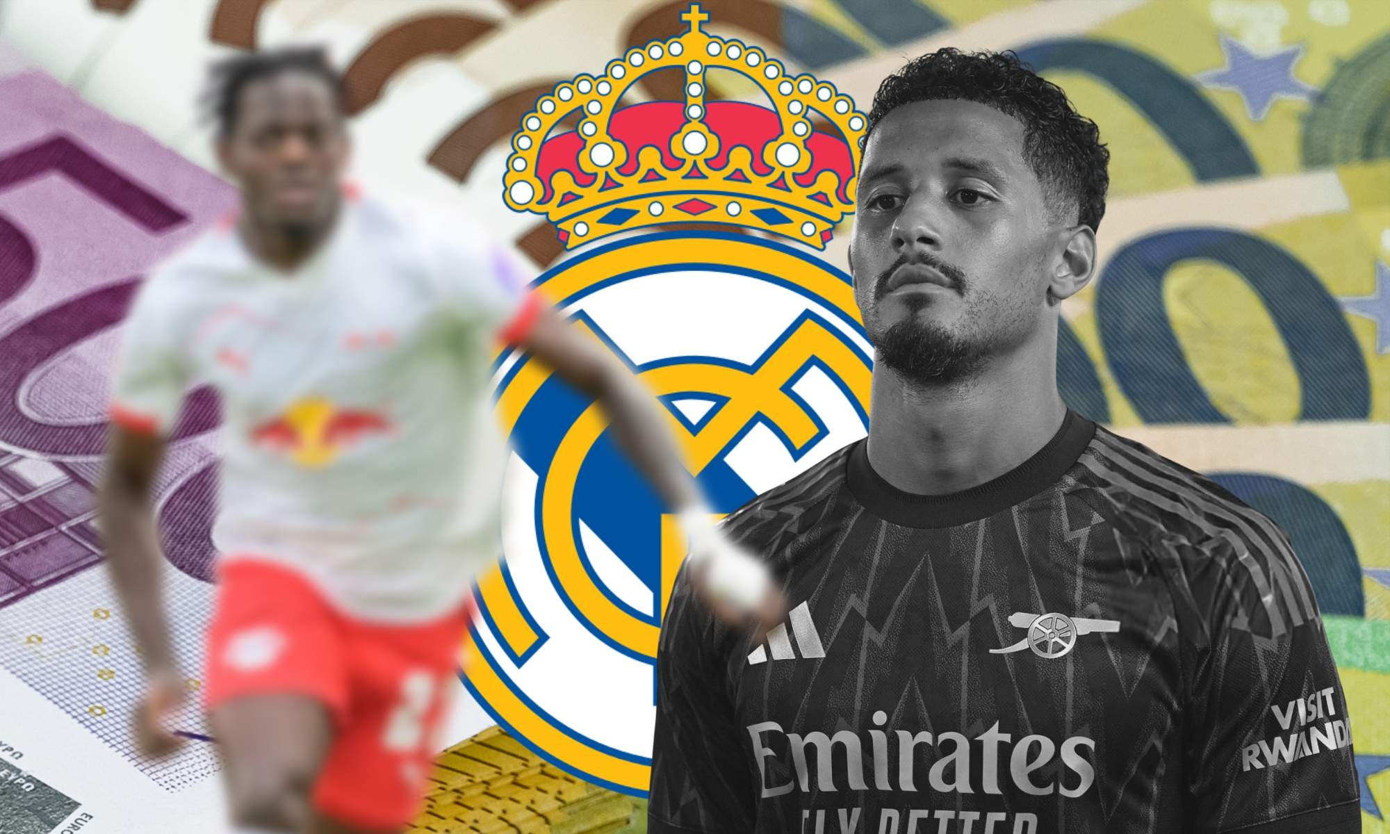 Lukeba y Saliba sobre el escudo del Real Madrid Lukeba y Saliba sobre el escudo del Real Madrid