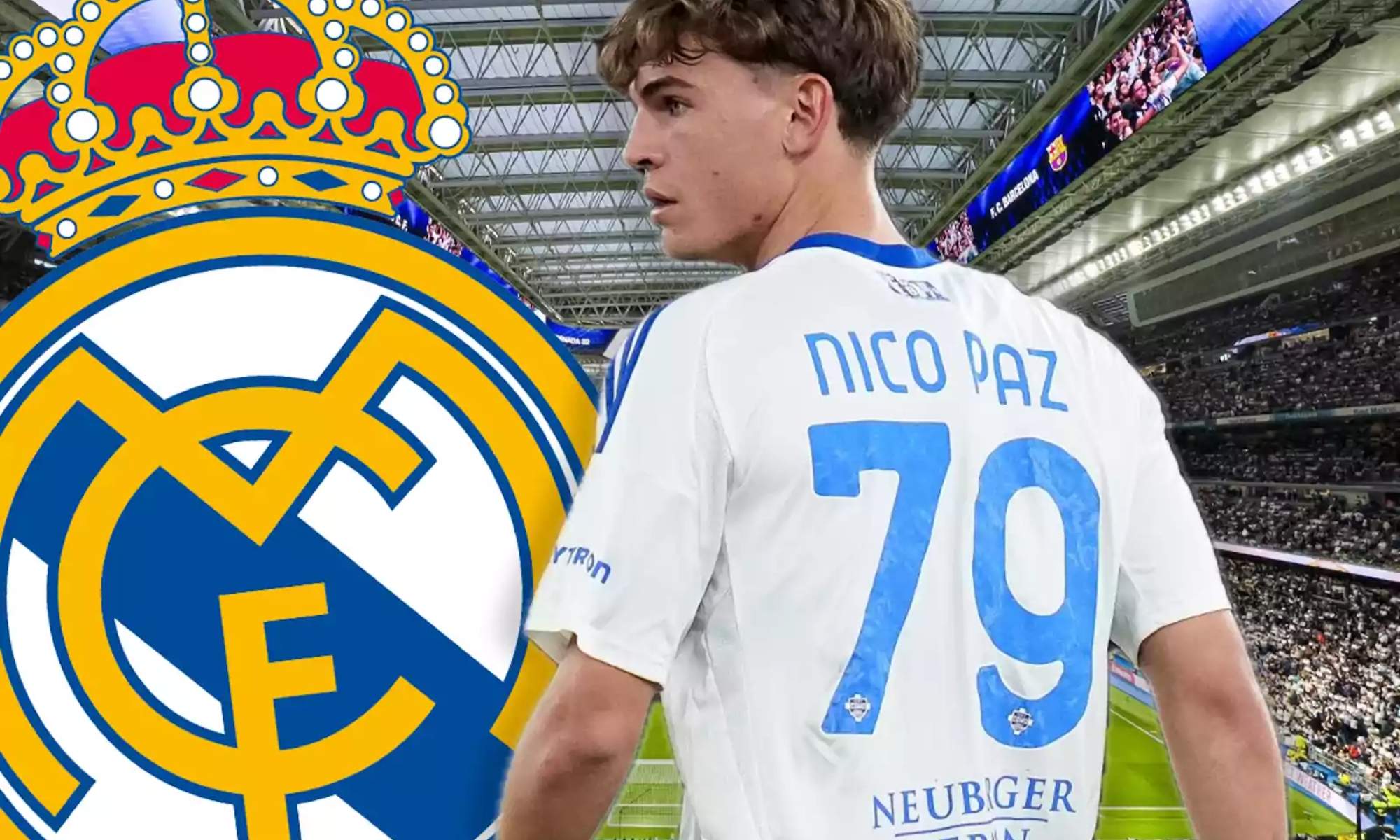 Nico Paz con escudo del Real Madrid y fondo Bernabéu