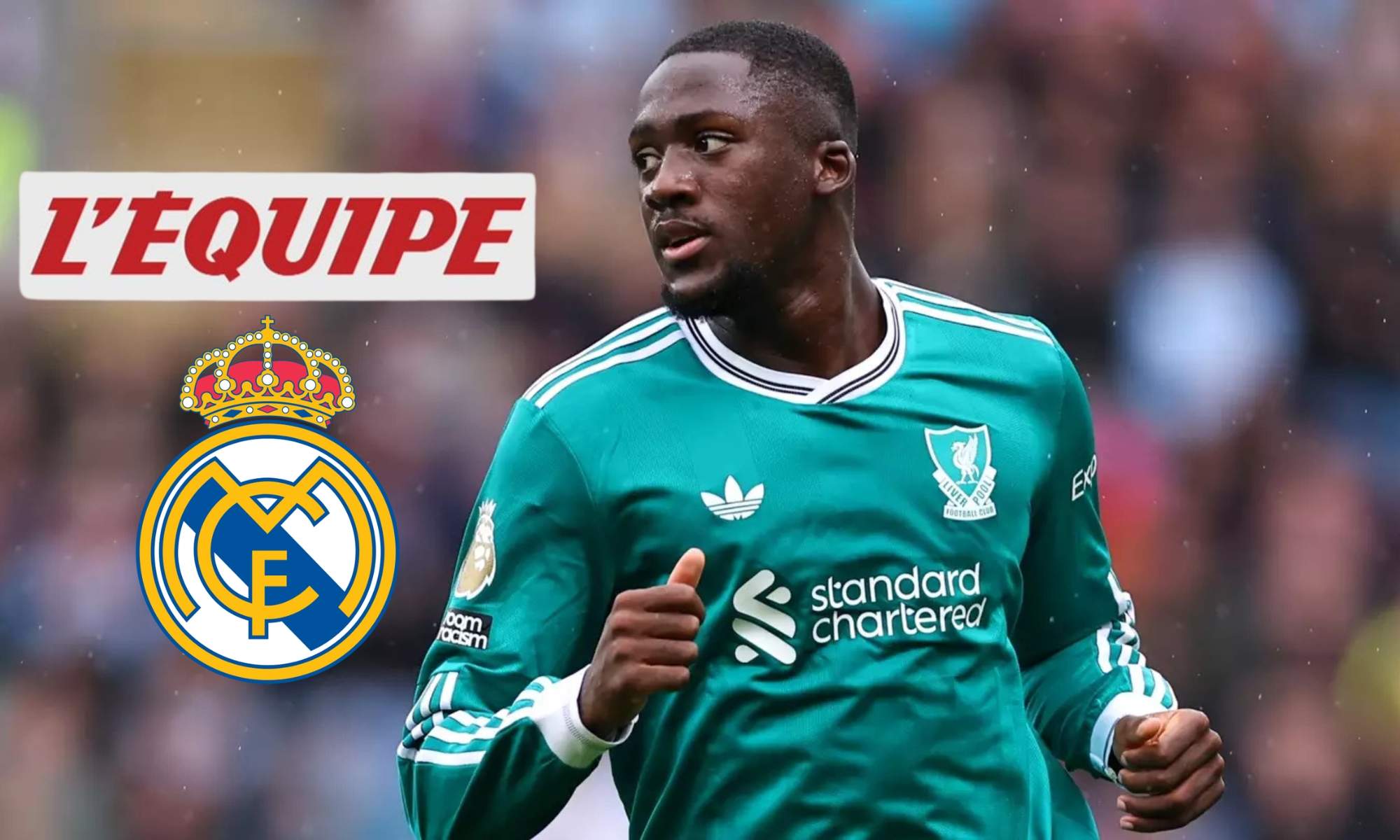 Konaté y logos de L'Equipe y Real Madrid