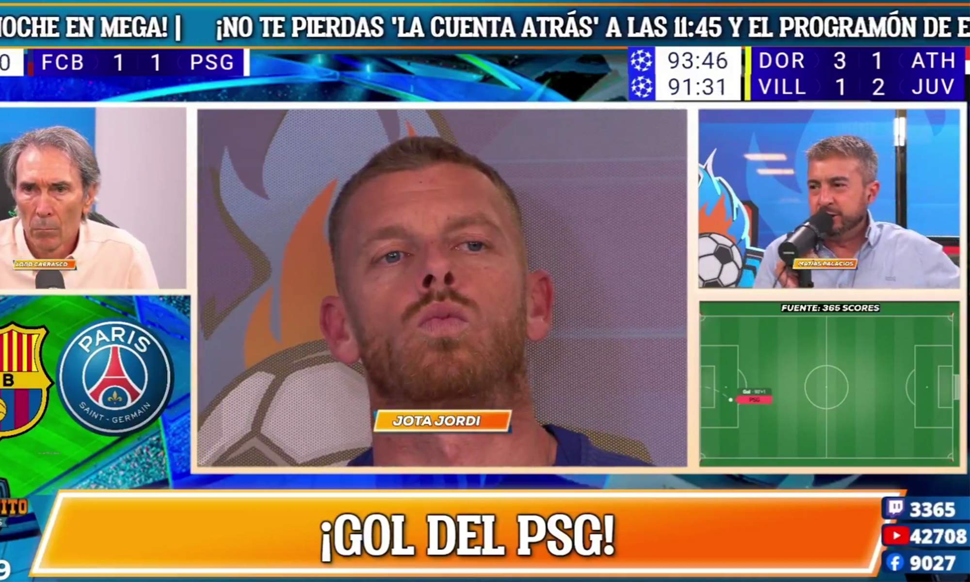 Jota Jordi reaccionando al gol de Gonçalo Ramos en el Barcelona - PSG.