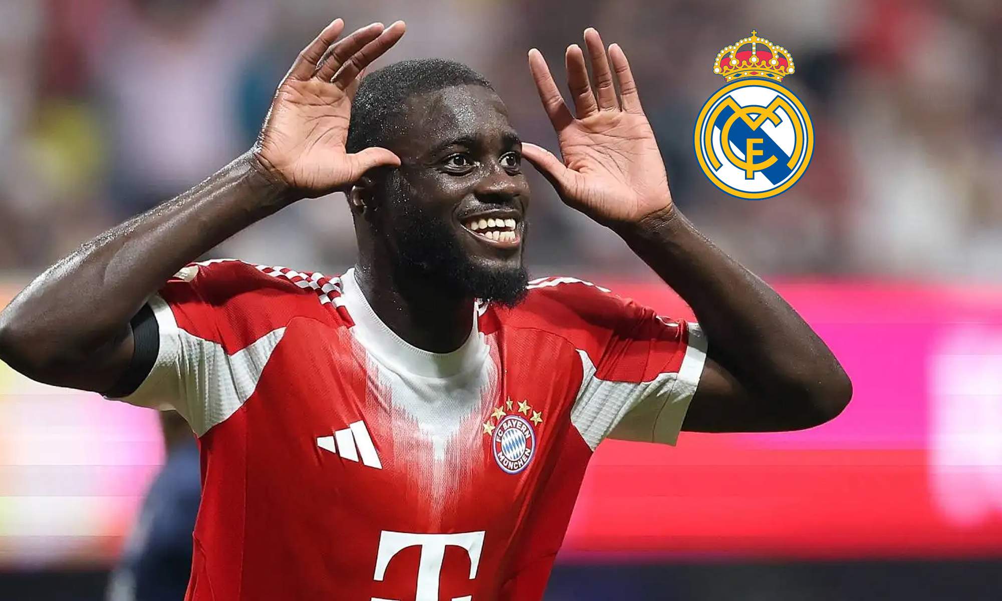 Upamecano celebrando un gol con el Bayern Múnich y el escudo del Real Madrid.