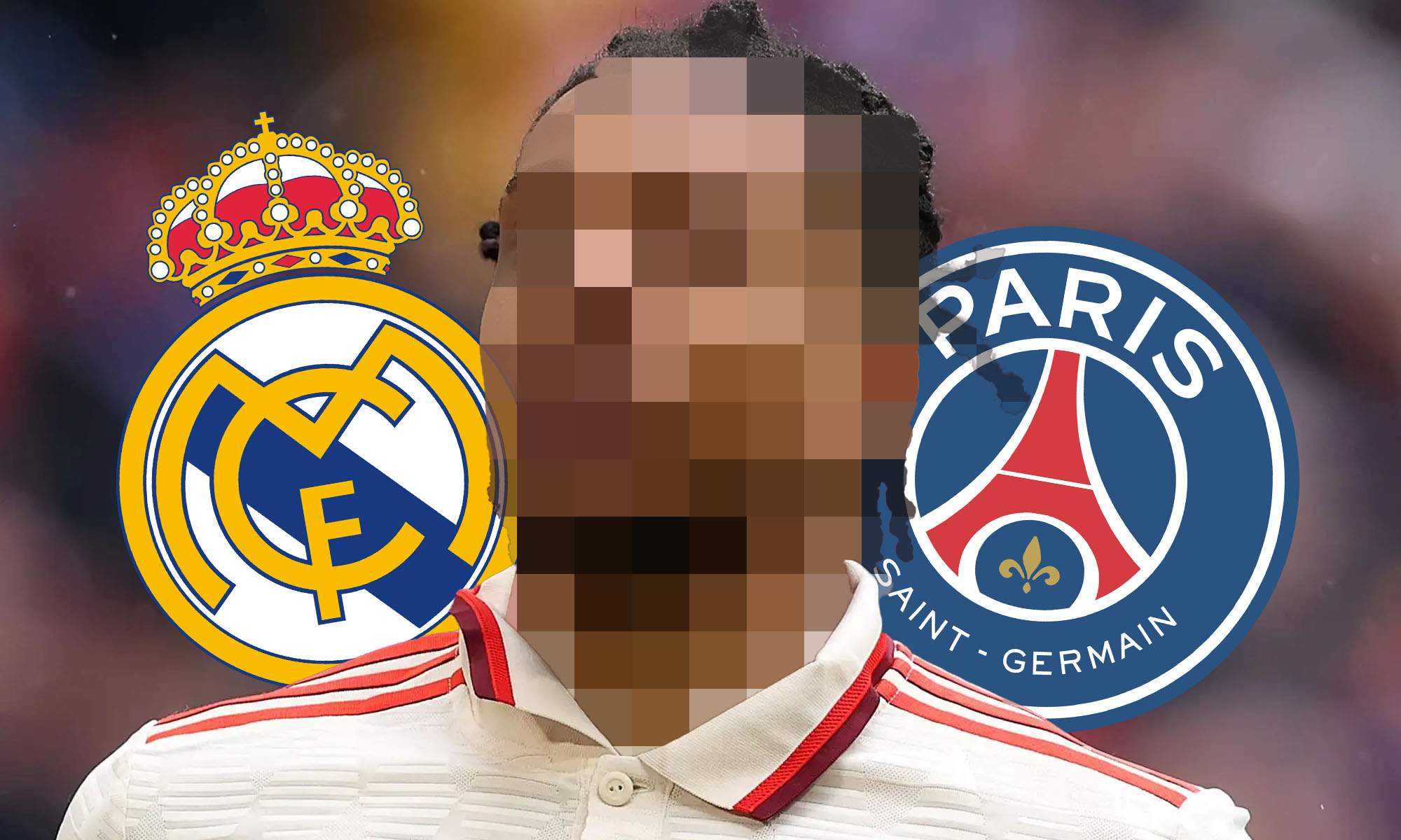 Jugador incognito con escudo Real Madrid y PSG