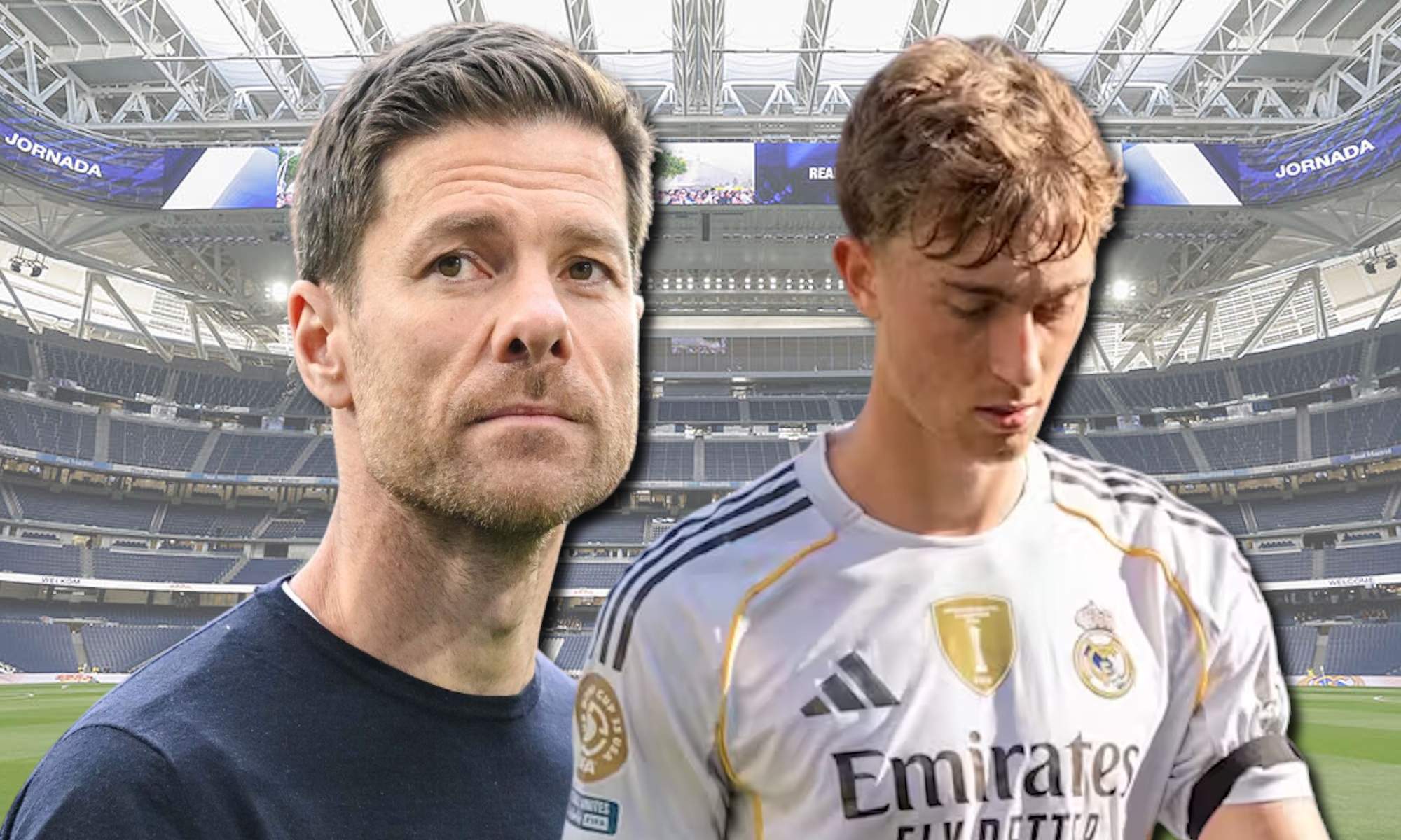 Xabi Alonso y Huijsen con fondo del Bernabéu