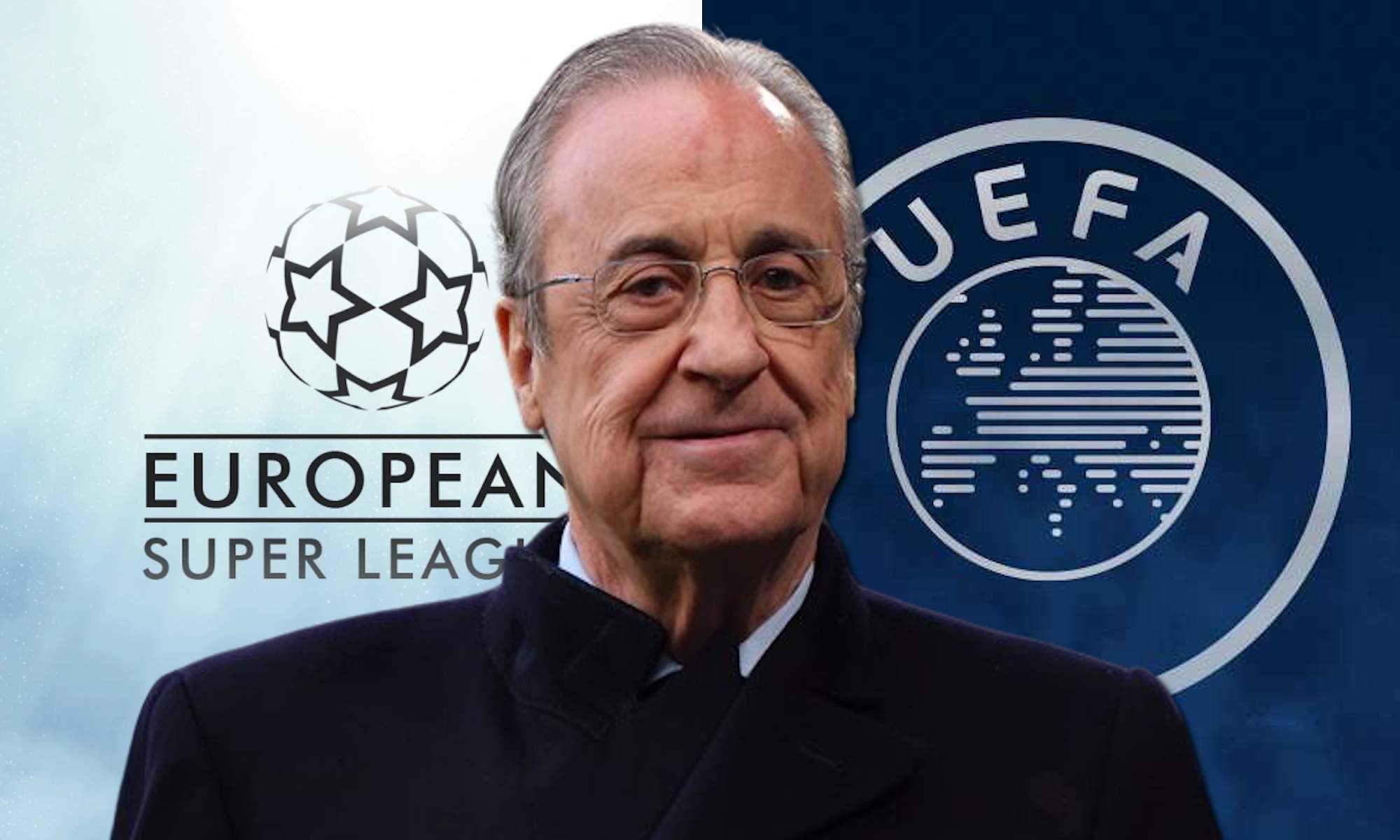 Florentino Pérez con fondo de Superliga y UEFA Florentino Pérez con fondo de Superliga y UEFA