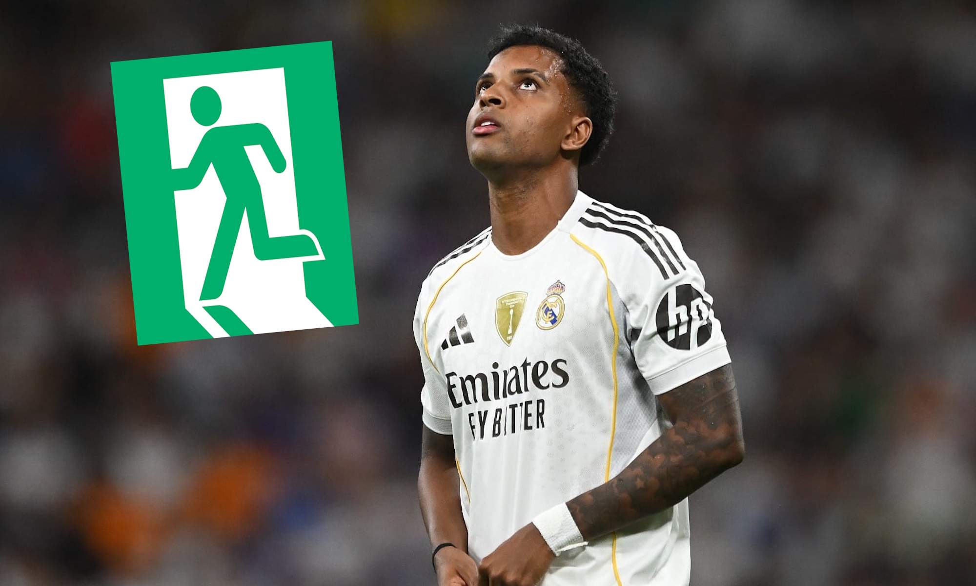 Rodrygo Goes con el Real Madrid y símbolo salida Rodrygo Goes con el Real Madrid y símbolo salida