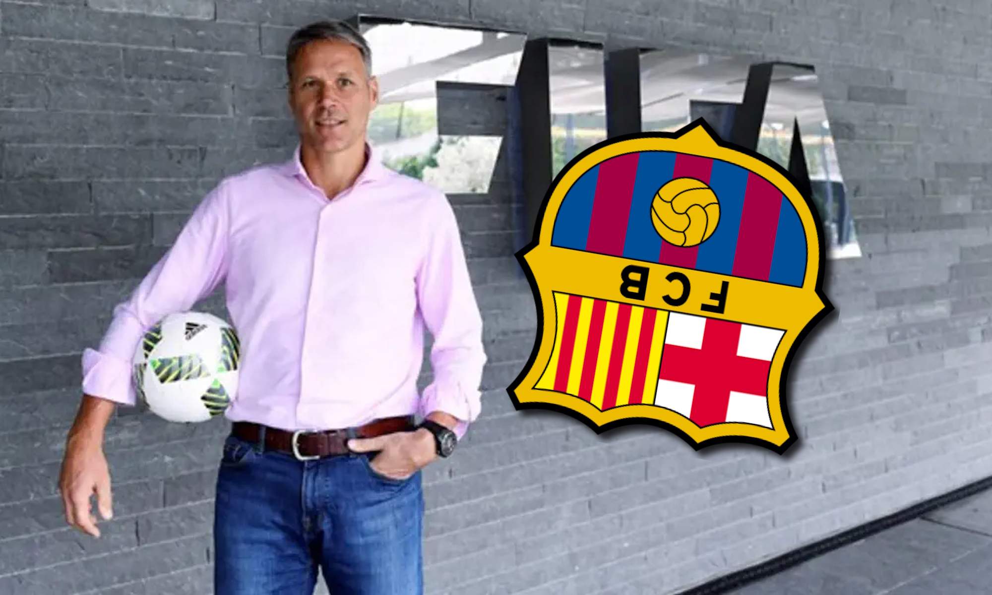 Van Basten con escudo del Barça al revés con fondo FIFA Van Basten con escudo del Barça al revés con fondo FIFA