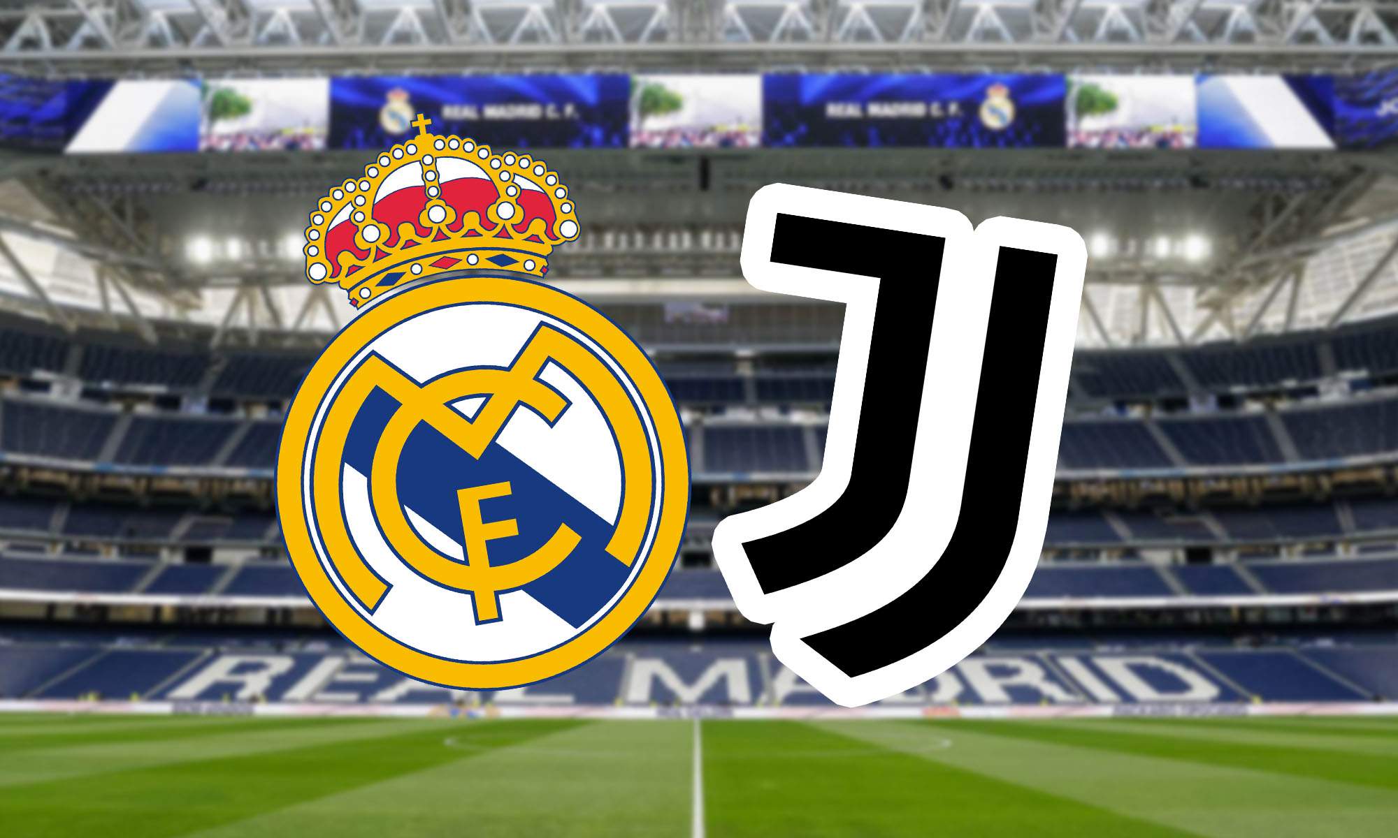 Escudo Real Madrid y Juventus con fondo Bernabeu Escudo Real Madrid y Juventus con fondo Bernabeu