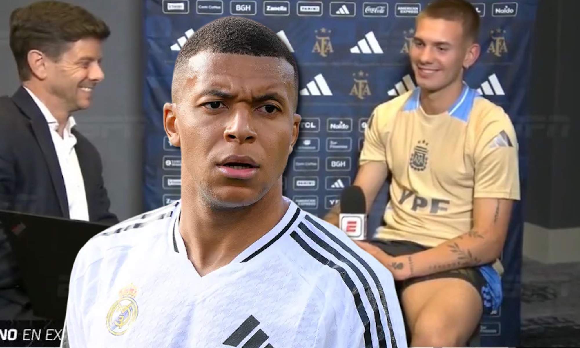 Mbappé serio con la entrevista de Mastantuono de fondo Mbappé serio con la entrevista de Mastantuono de fondo