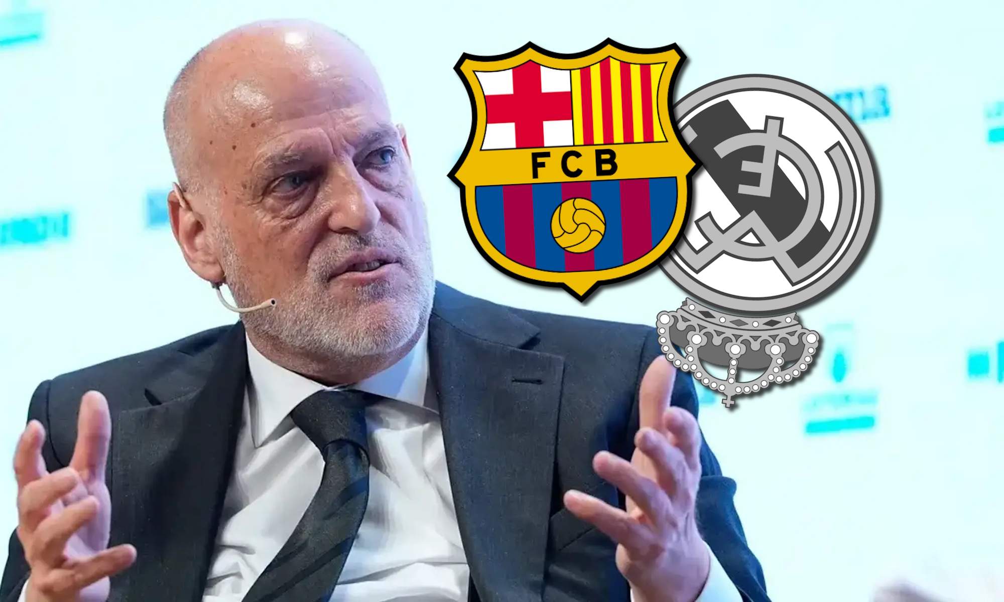 Javier Tebas y escudos de Barça y RM
