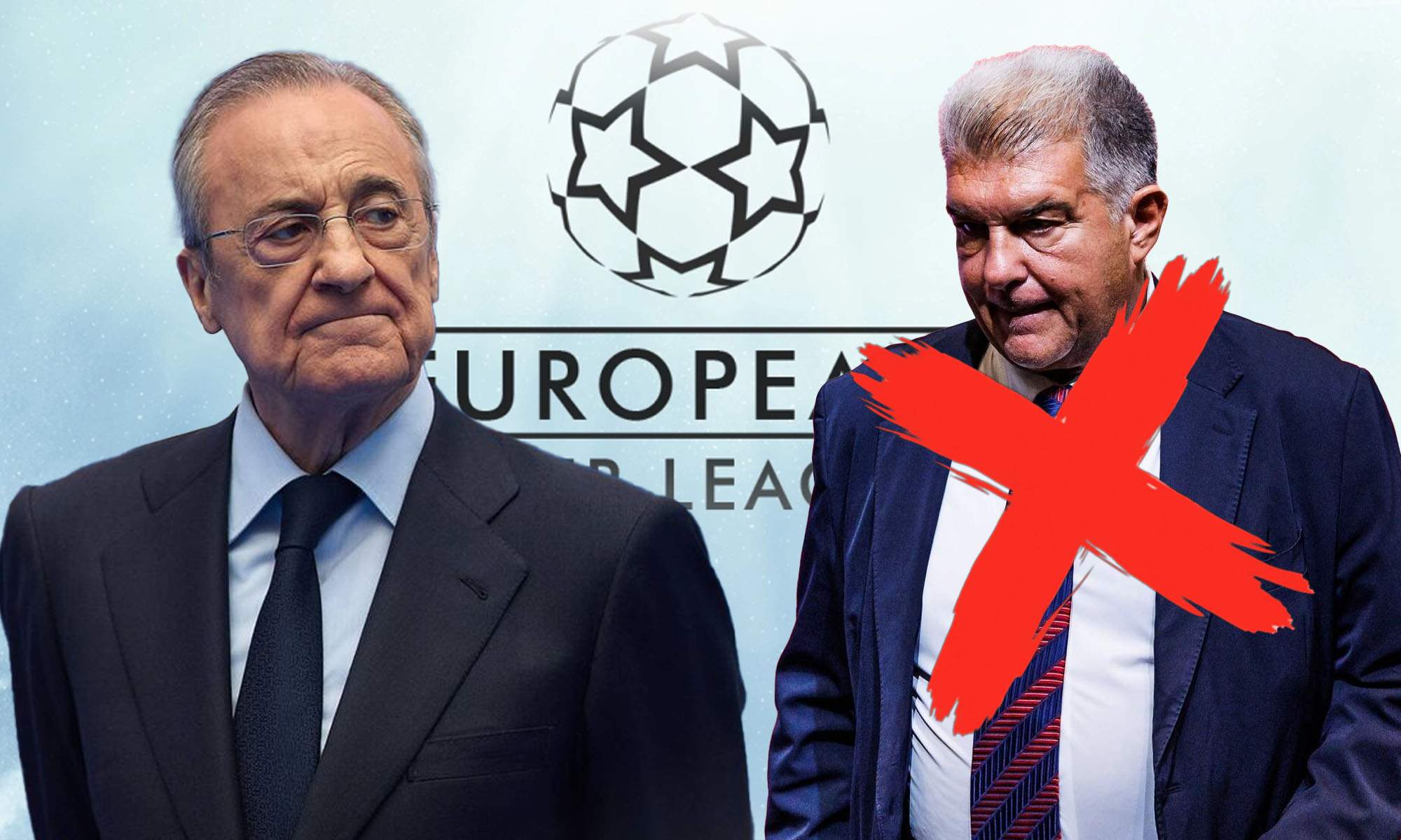 Florentino con Laporta tachado y fondo Superliga Florentino con Laporta tachado y fondo Superliga