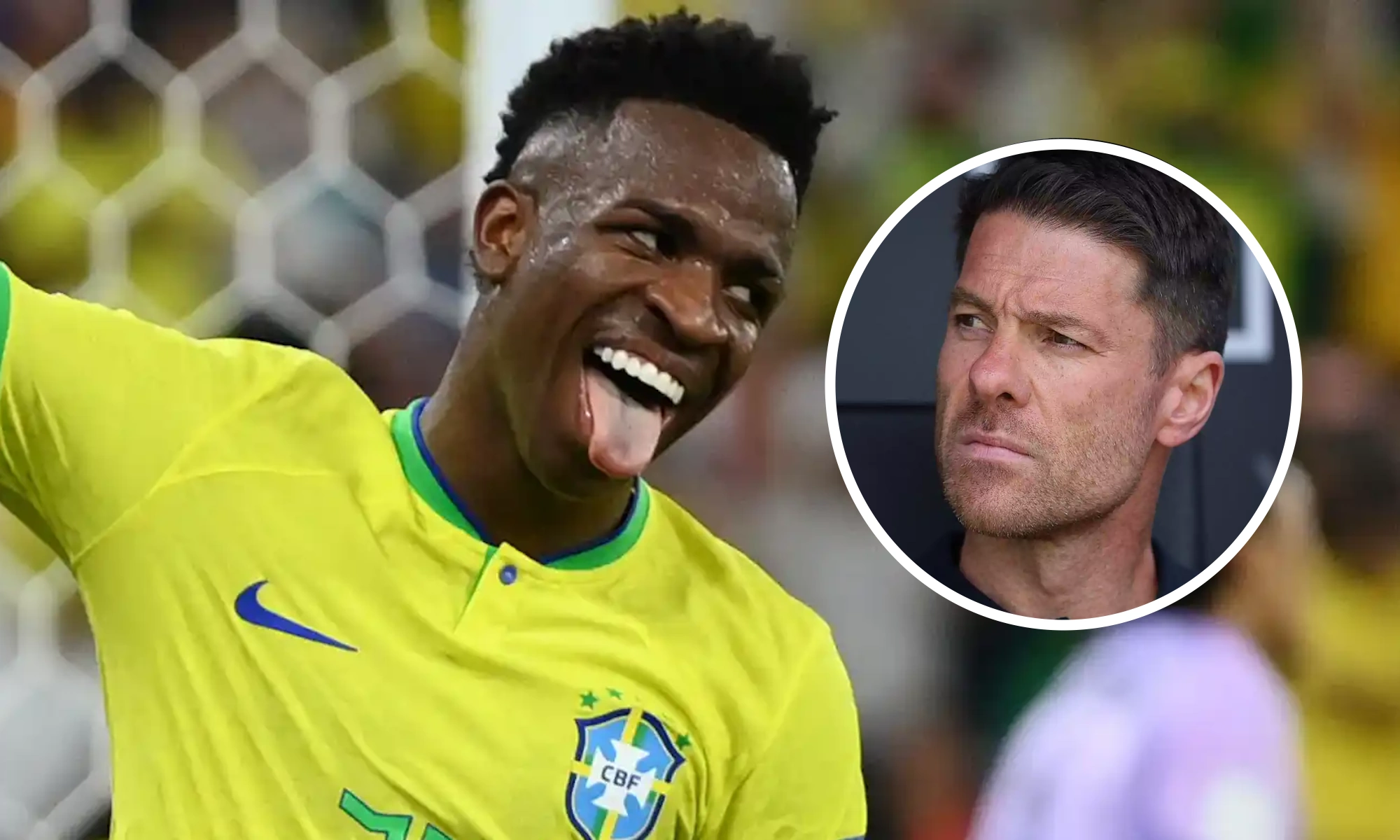 Vinicius sonriendo con Brasil y Xabi Alonso serio