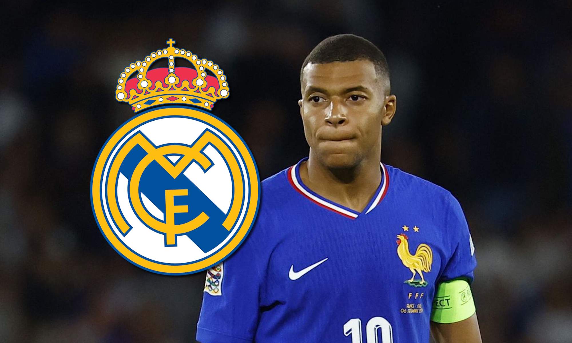 Mbappé serio con Francia y escudo del Real Madrid