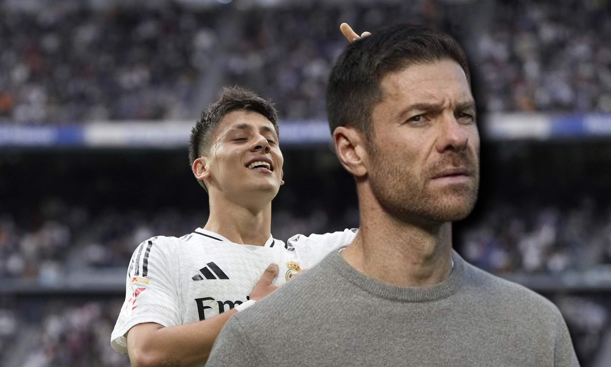 Arda Güler celebrando un gol y Xabi Alonso serio Arda Güler celebrando un gol y Xabi Alonso serio