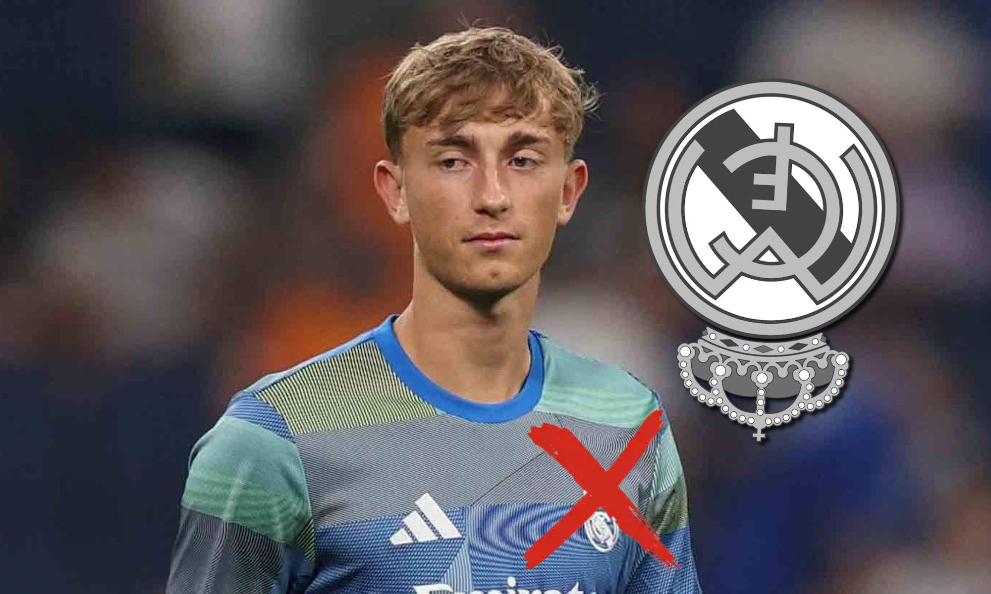 Huijsen con escudo del Real Madrid tachado y escudo en BN