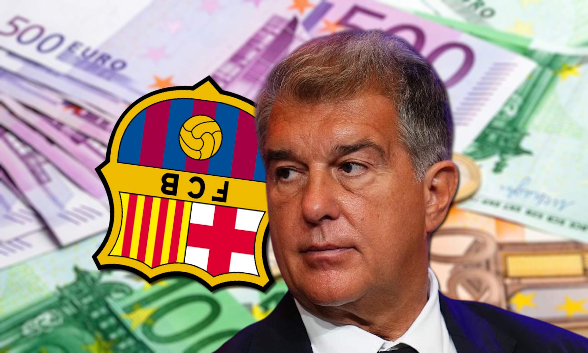 Laporta y escudo Barça al revés y fondo de dinero