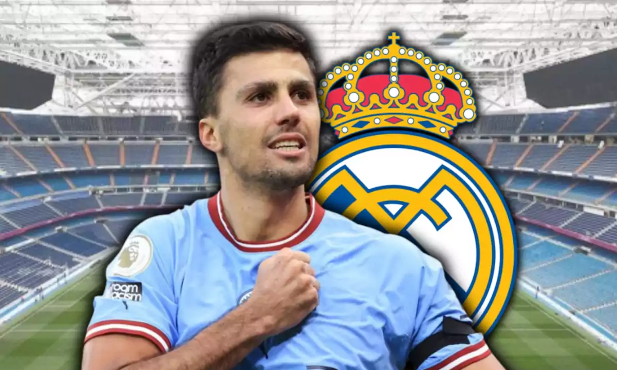 Rodri con escudo del Real Madrid y fondo del Bernabéu
