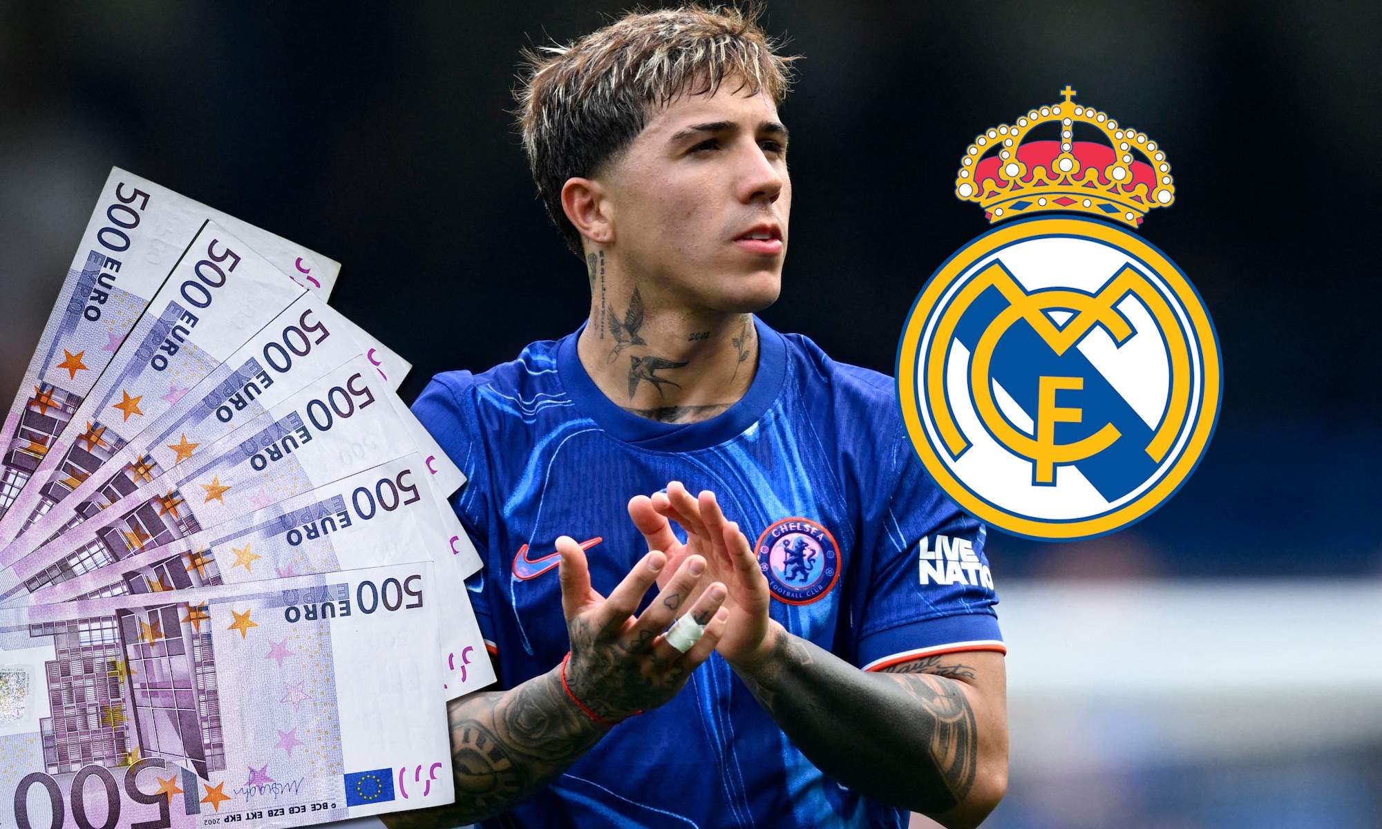 Enzo Fernández con dinero y escudo Real Madrid