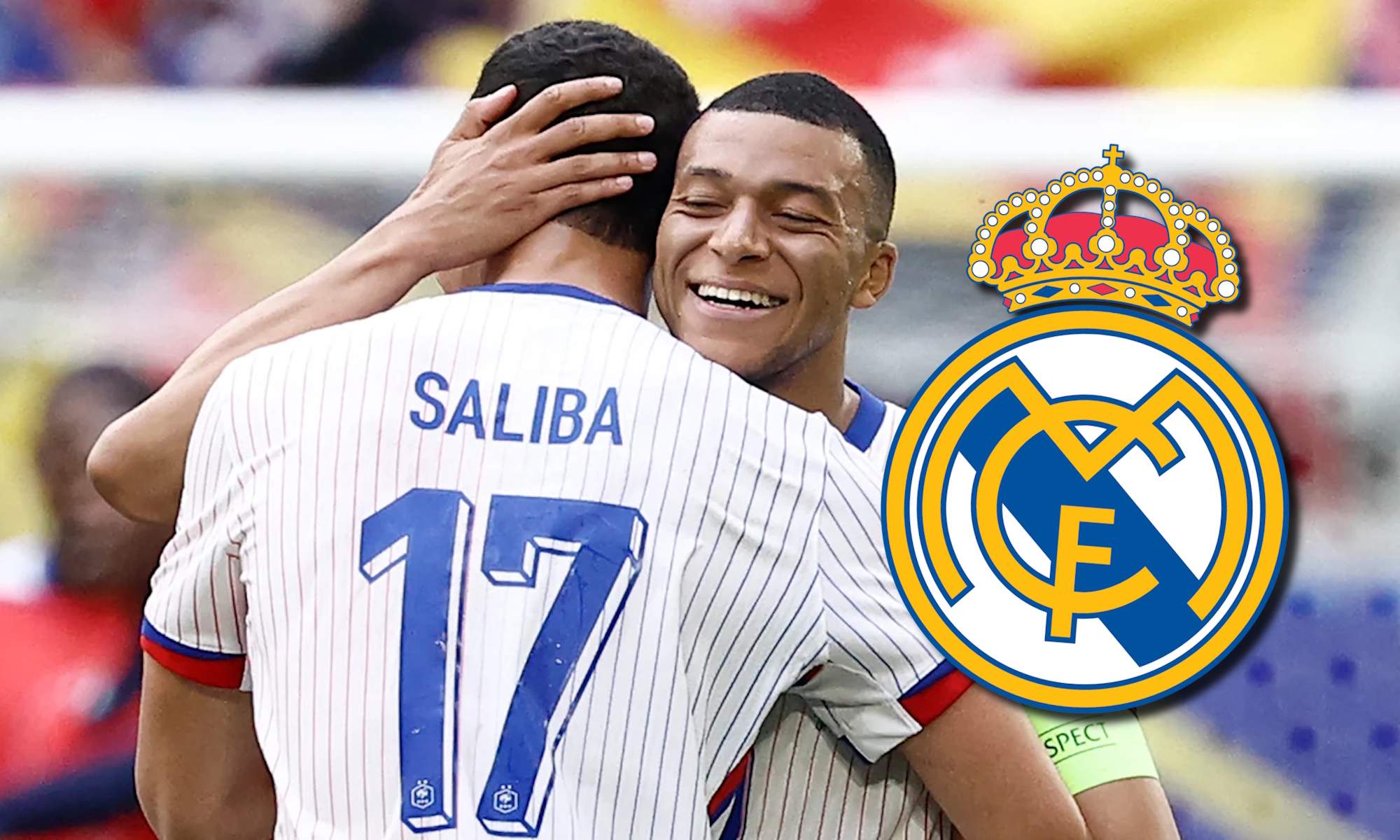 Mbappé y Saliba con Francia y escudo del Real Madrid
