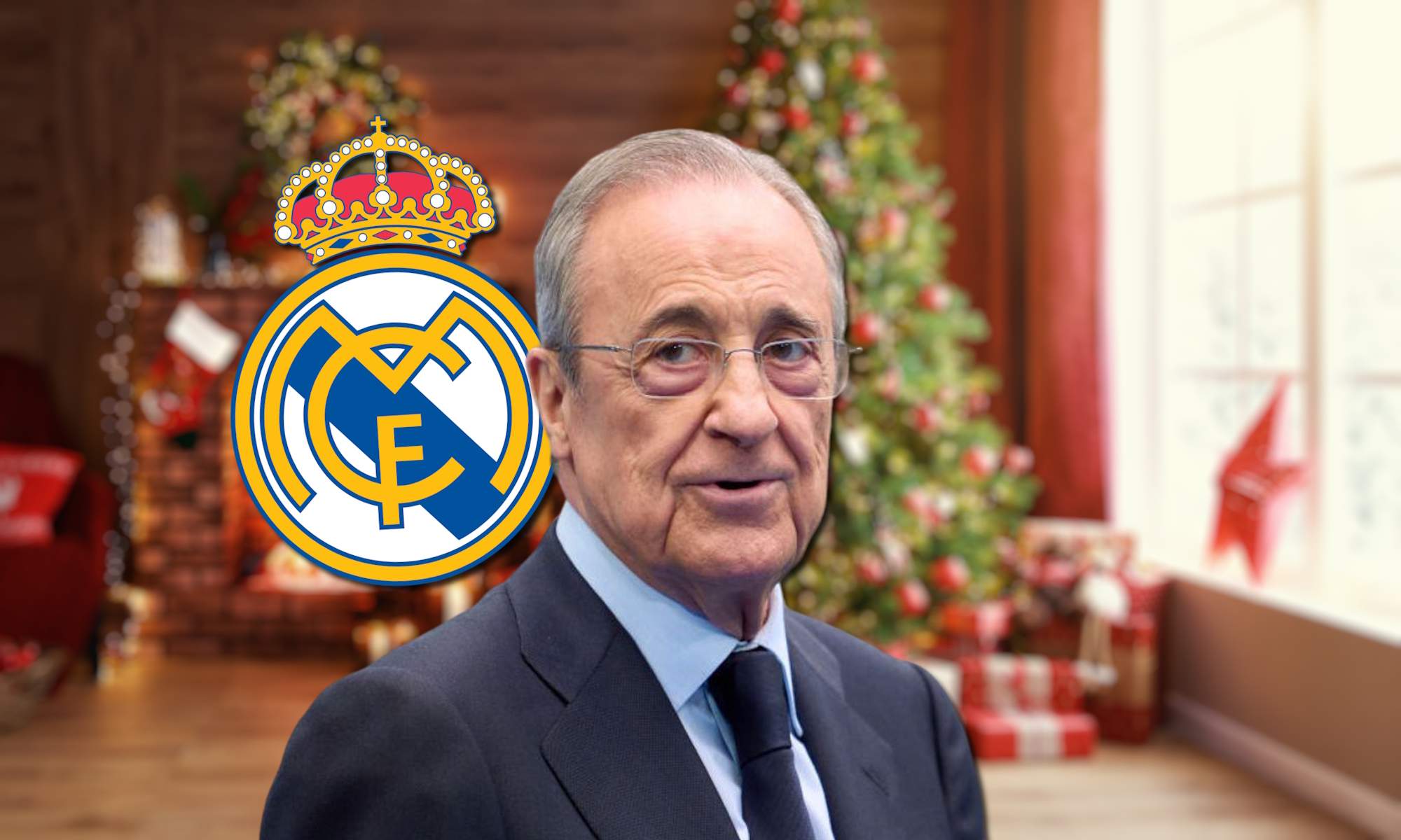 Florentino Pérez, escudo del Real Madrid y fondo de Navidad
