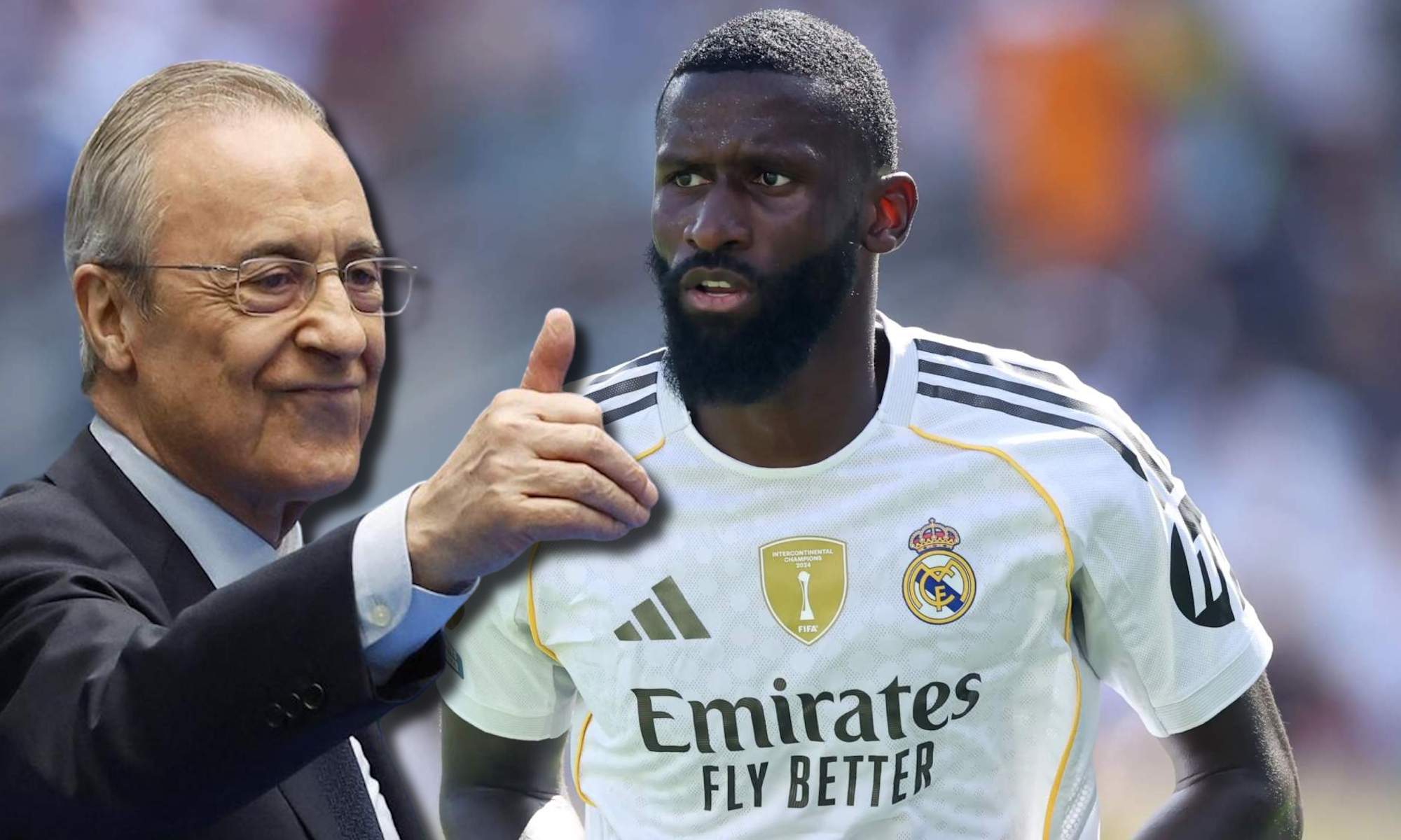Florentino con el pulgar levantado y Rüdiger serio