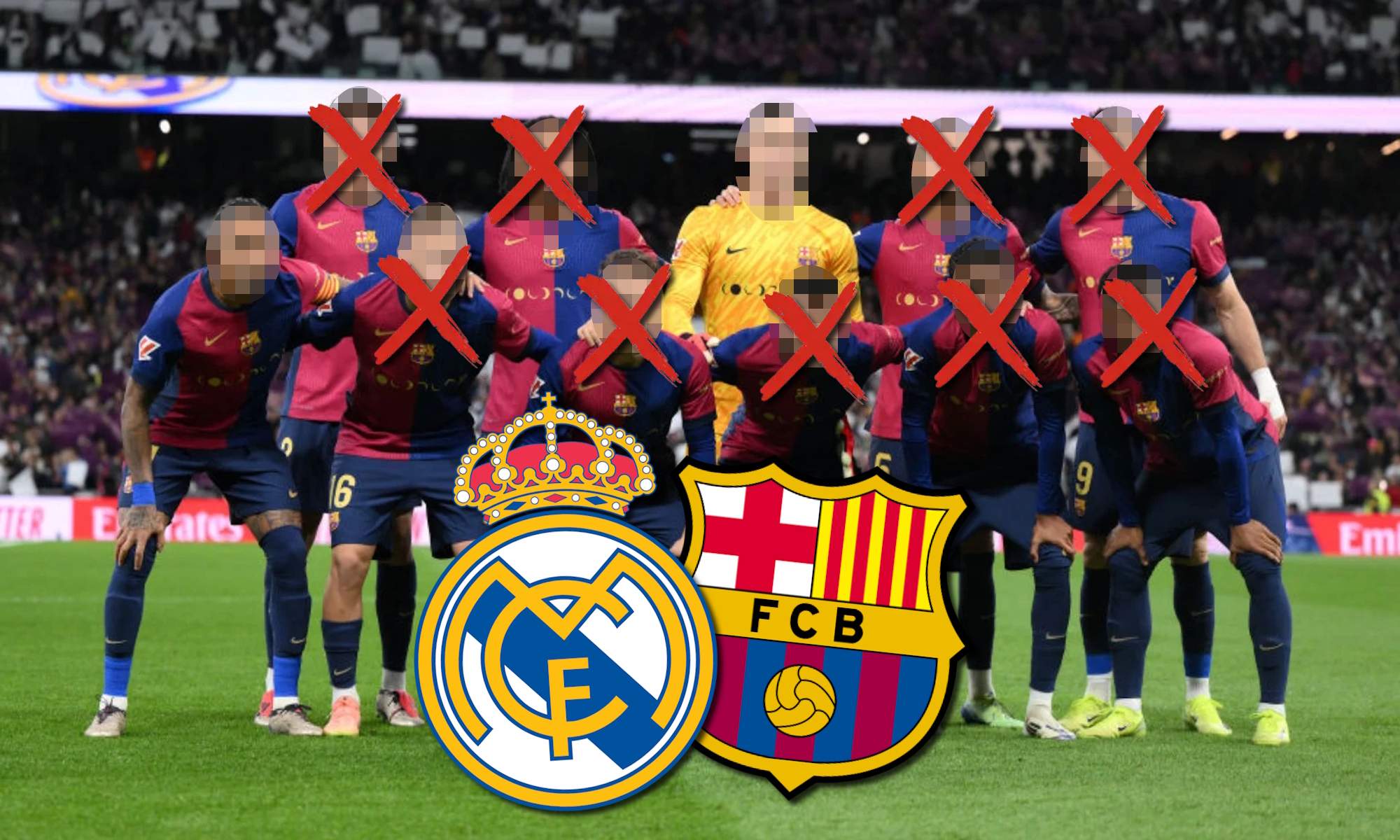 Escudos del Real Madrid y Barça con once de fondo con jugadores tachados