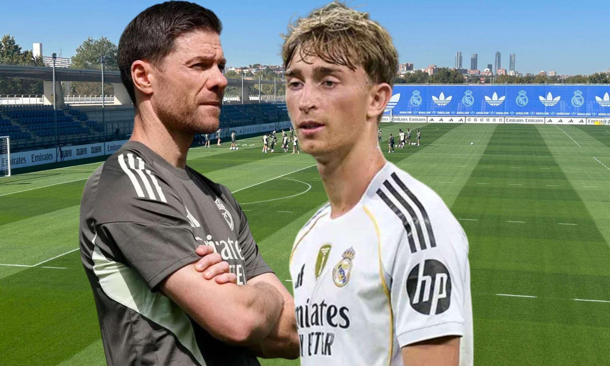 Xabi Alonso y Huijsen con fondo Ciudad Real Madrid
