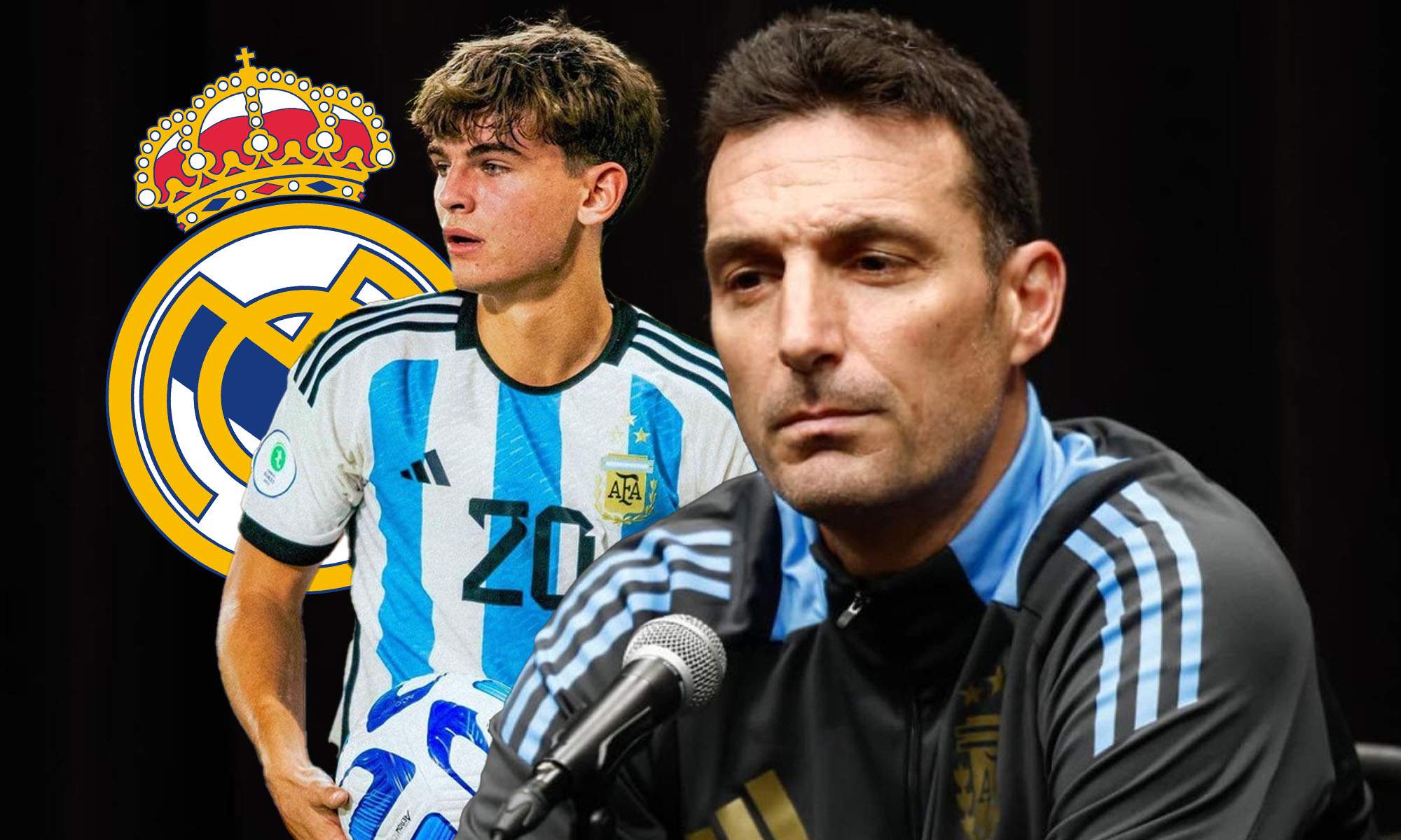 Scaloni con Nico Paz y escudo Real Madrid