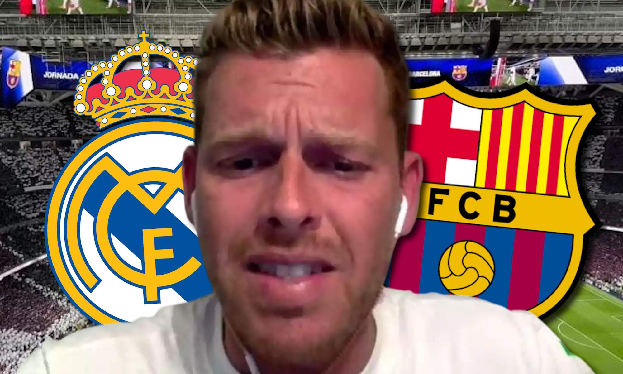 Jota Jordi llorando y escudos Real Madrid y Barça