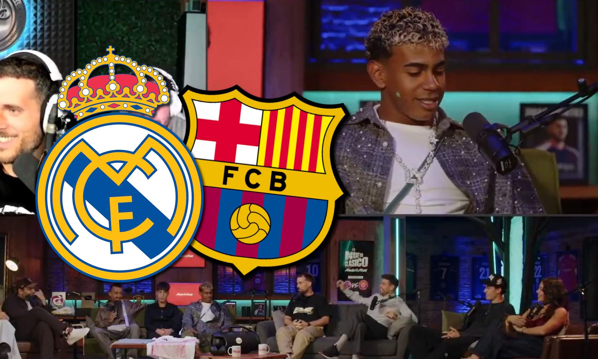 Lamine Yamal y escudos del Real Madrid y del Barça Lamine Yamal y escudos del Real Madrid y del Barça