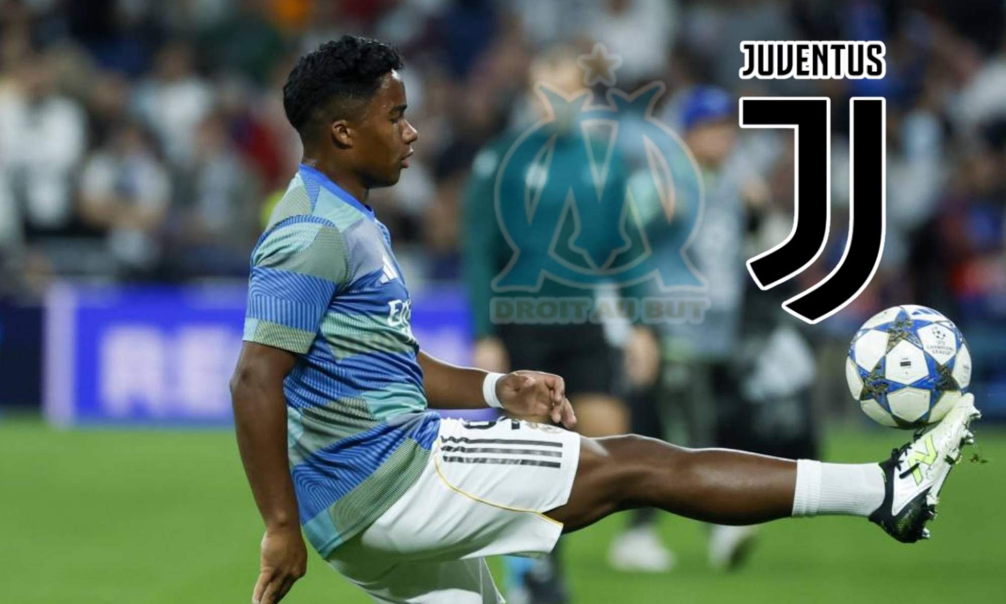 Endrick con los escudos de Marsella y Juventus