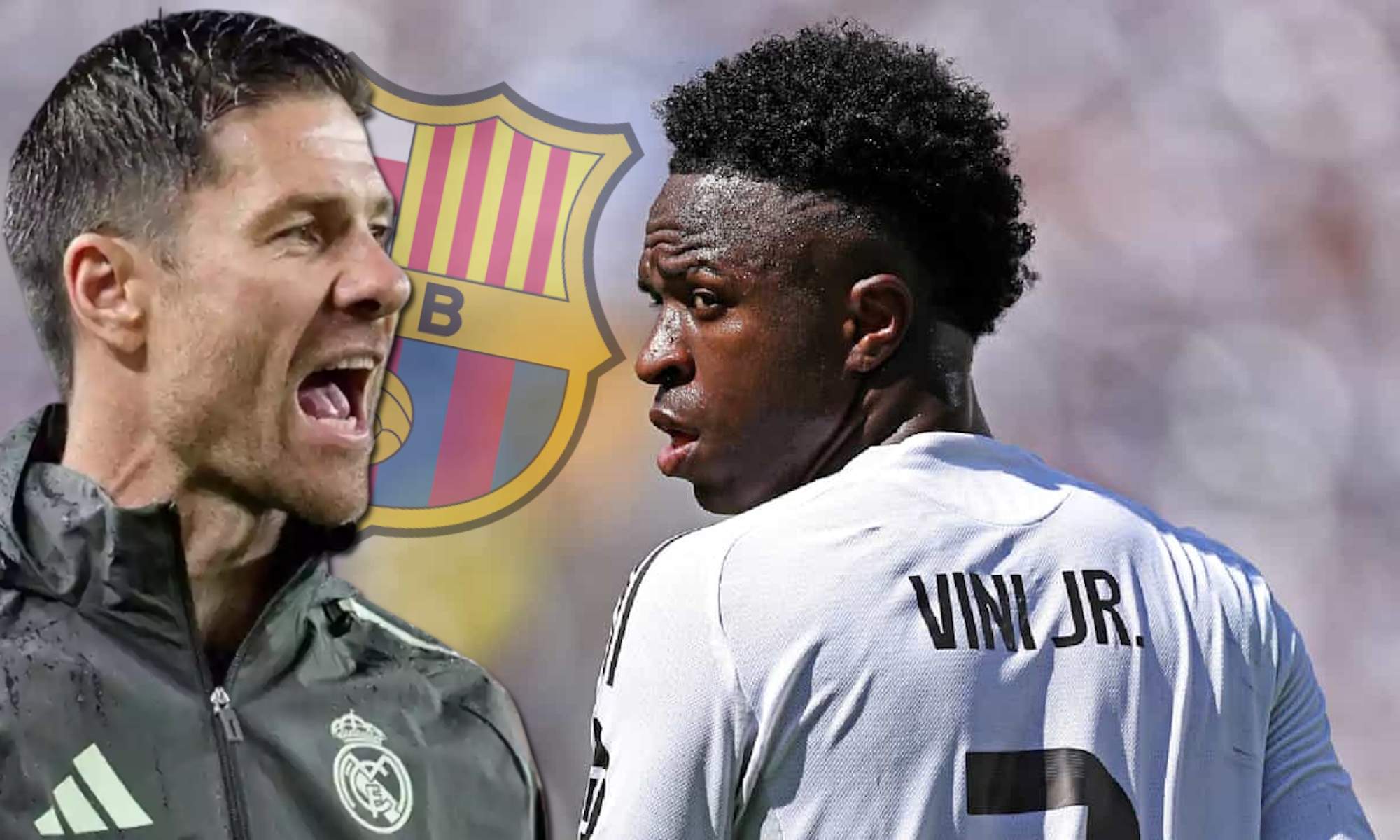 Xabi Alonso, Vinicius y escudo del Barça de fondo Xabi Alonso, Vinicius y escudo del Barça de fondo