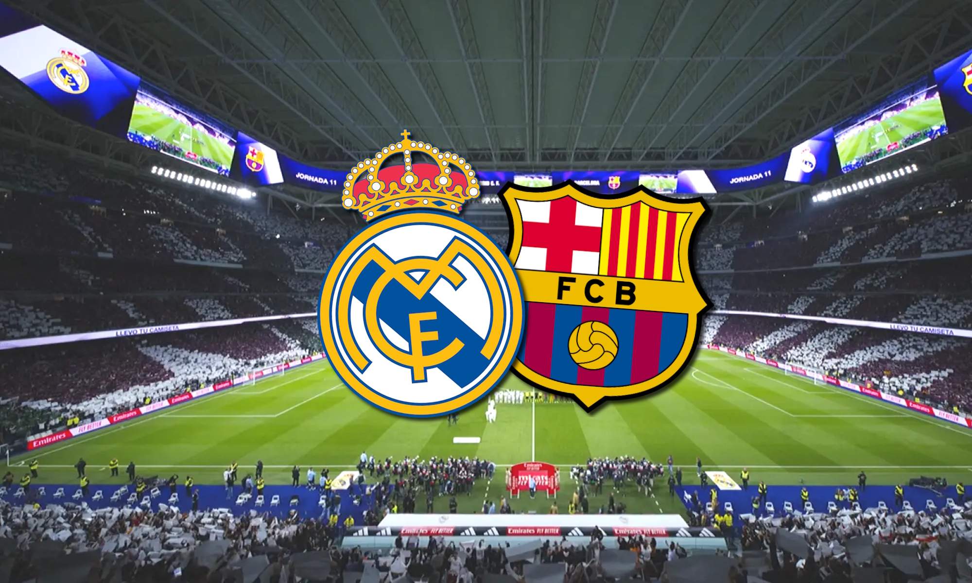 Escudos del Real Madrid y Barça con el Bernabéu de fondo