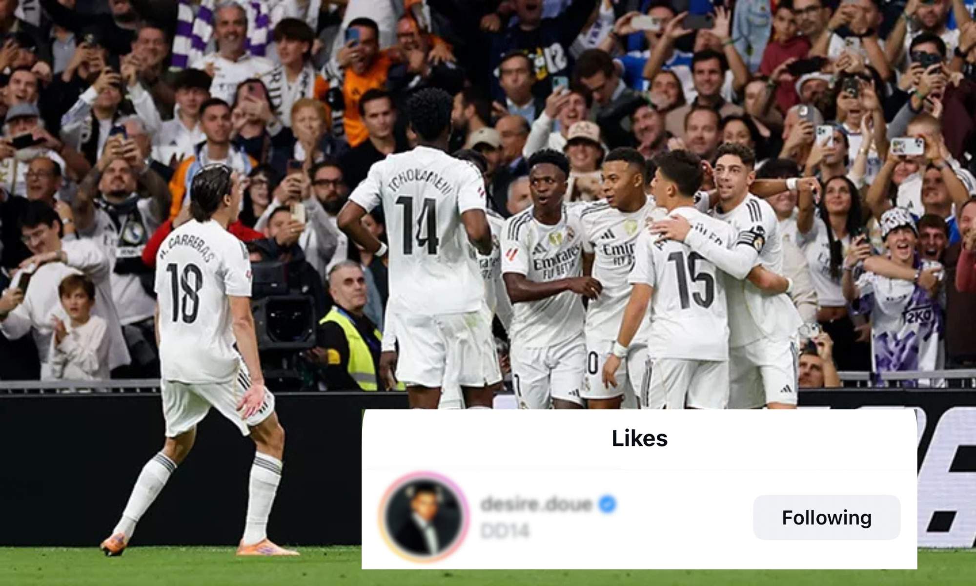 El Real Madrid celebrando y like de Doué El Real Madrid celebrando y like de Doué