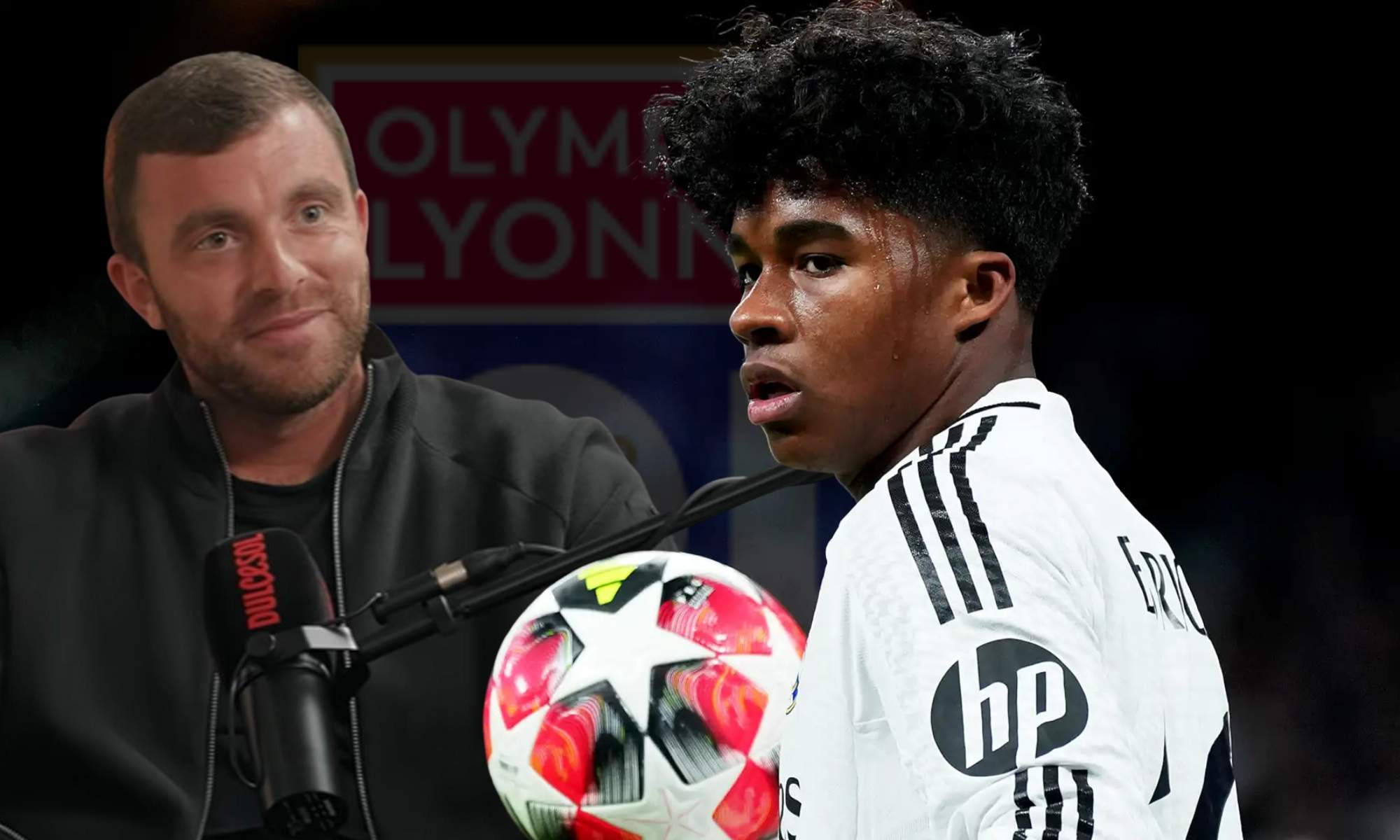 Fabrizio Romano y Endrick con el escudo del Olympique de Lyon de fondo Fabrizio Romano y Endrick con el escudo del Olympique de Lyon de fondo