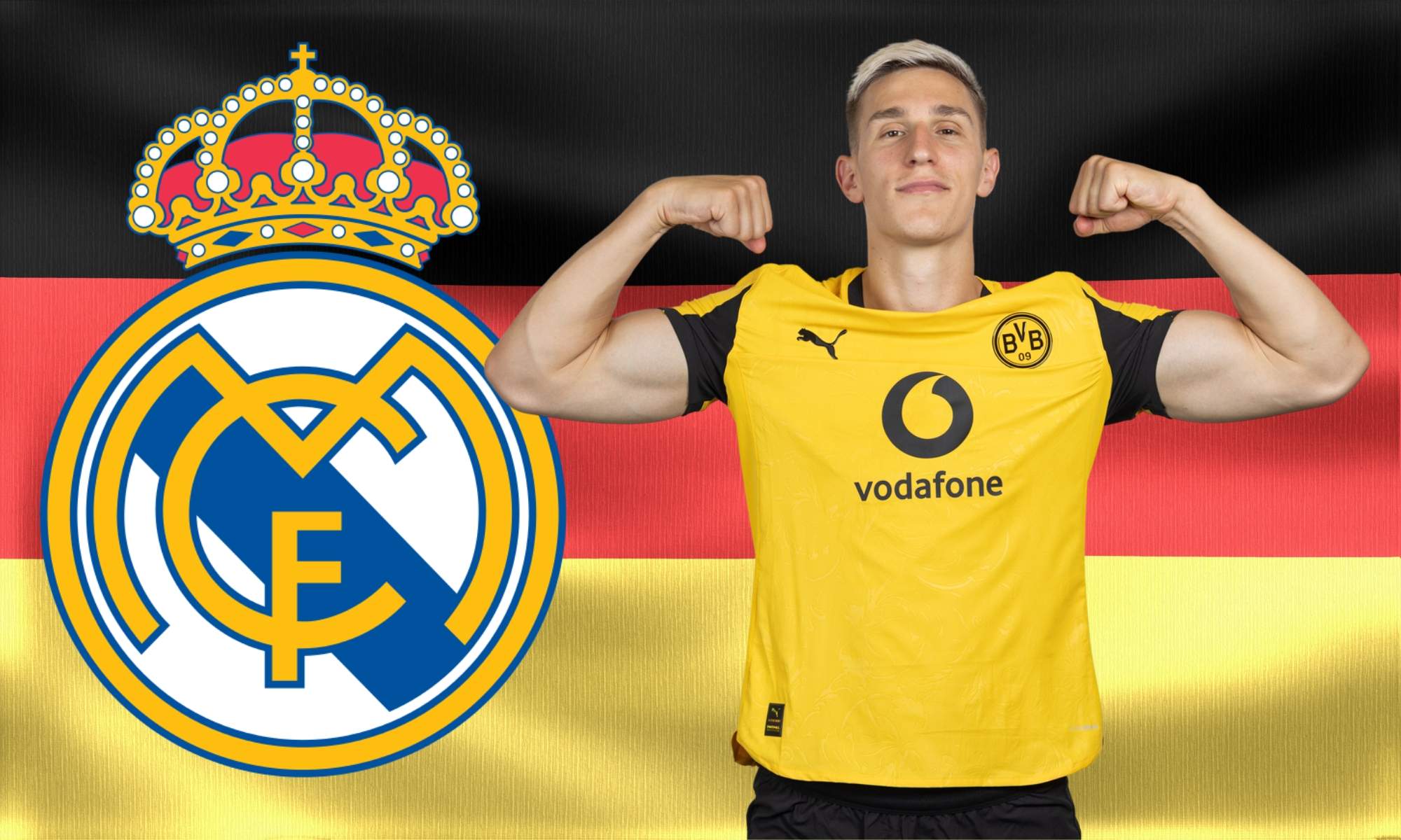 Schlotterbeck con el escudo del Real Madrid y bandera de Alemania Schlotterbeck con el escudo del Real Madrid y bandera de Alemania