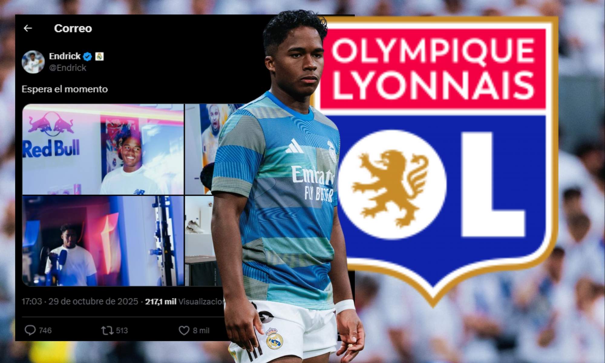 Endrick, escudo del Olympique Lyon y Tuit Endrick, escudo del Olympique Lyon y Tuit