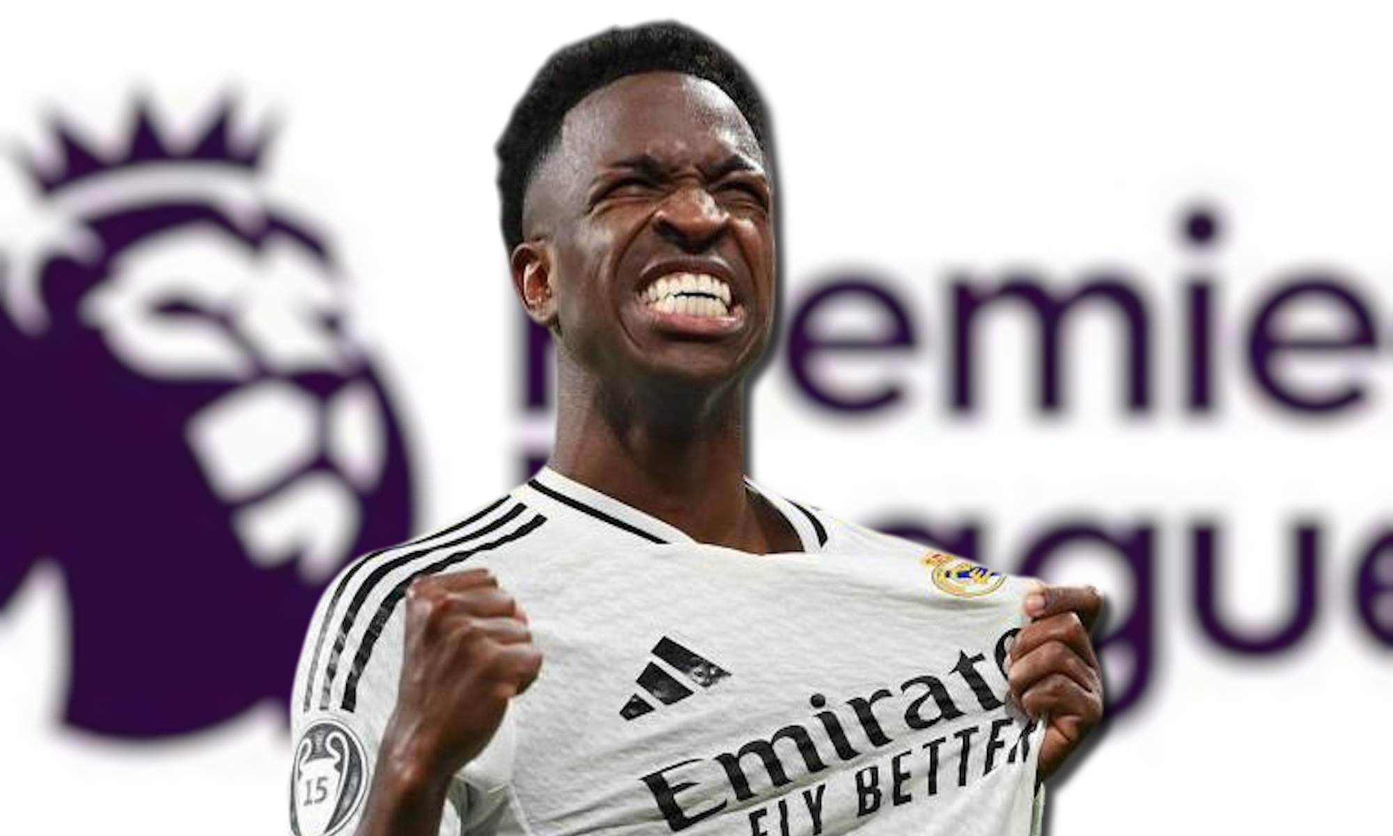 Vinicius con el Real Madrid y fondo de la Premier League