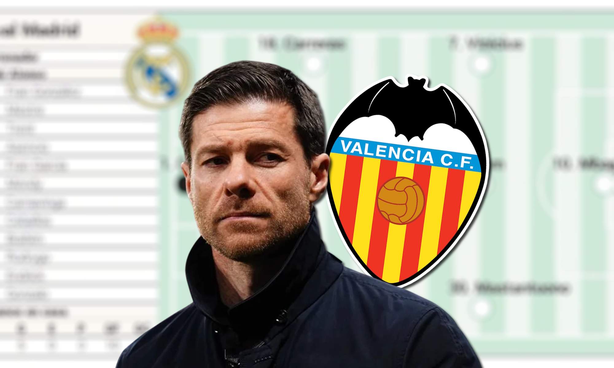 Xabi Alonso serio, escudo del Valencia y fondo de once del Real Madrid Xabi Alonso serio, escudo del Valencia y fondo de once del Real Madrid
