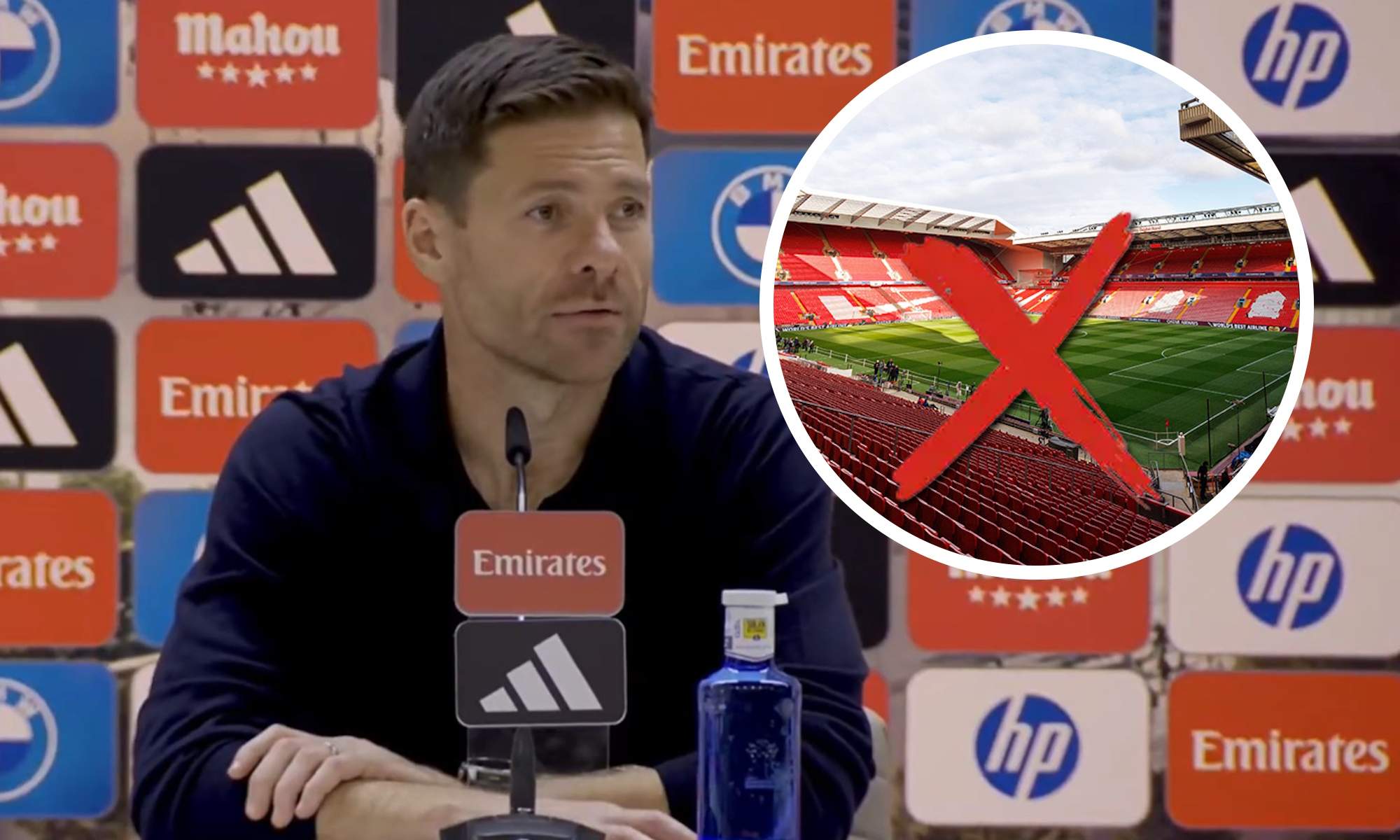Xabi Alonso en rueda de prensa y Anflied en círculo tachado
