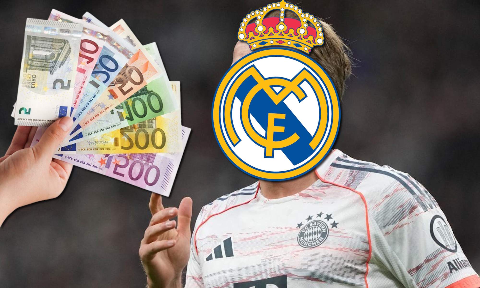 Delantero tapado por escudo del Real Madrid y dinero