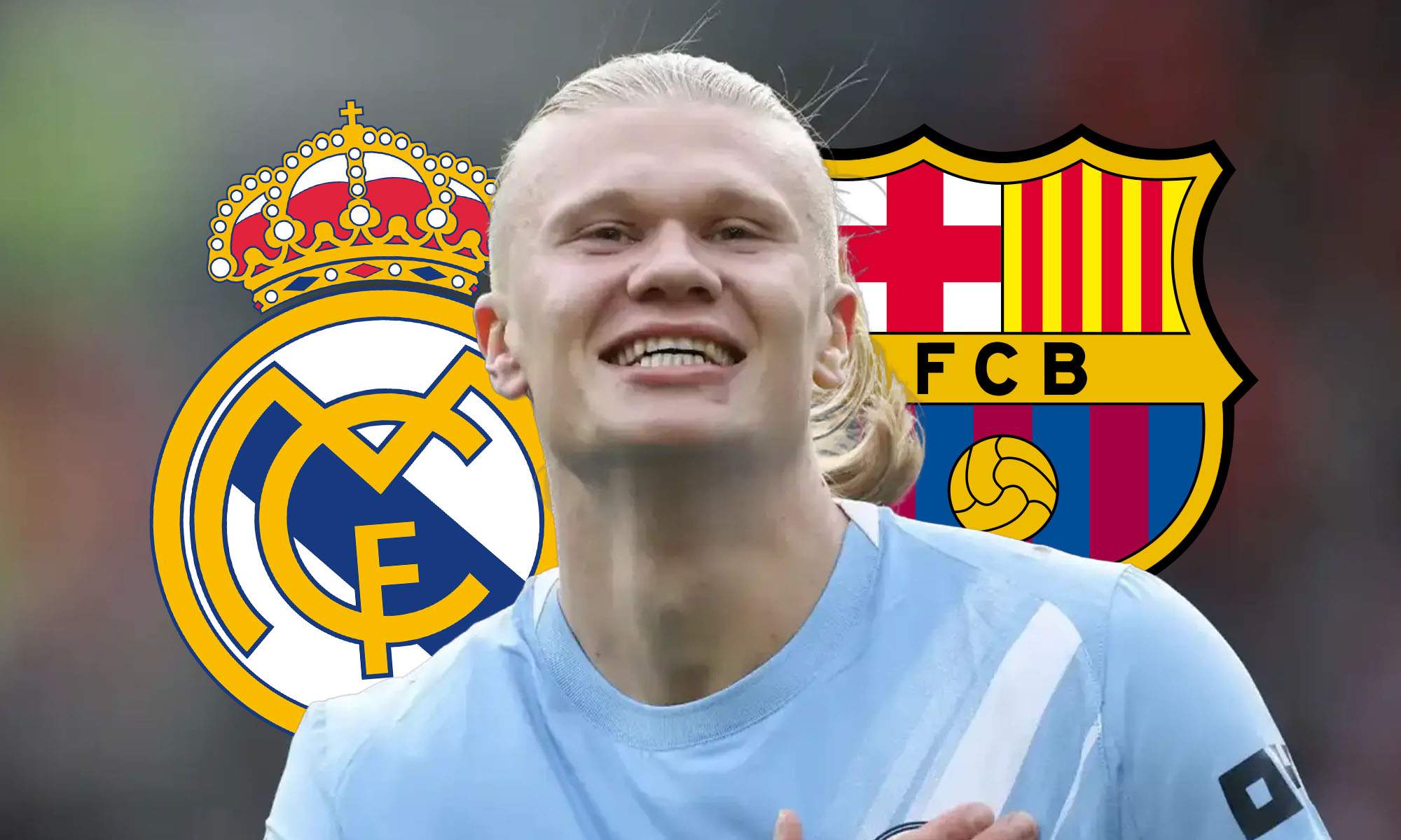 Haaland con escudos Real Madrid y Barcelona