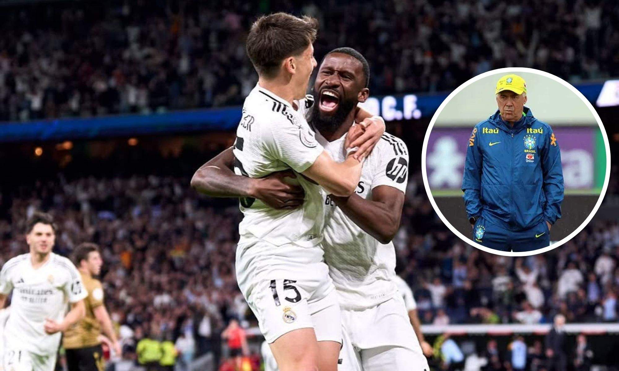 Güler con Rüdiger, y en redondo, Carlo Ancelotti