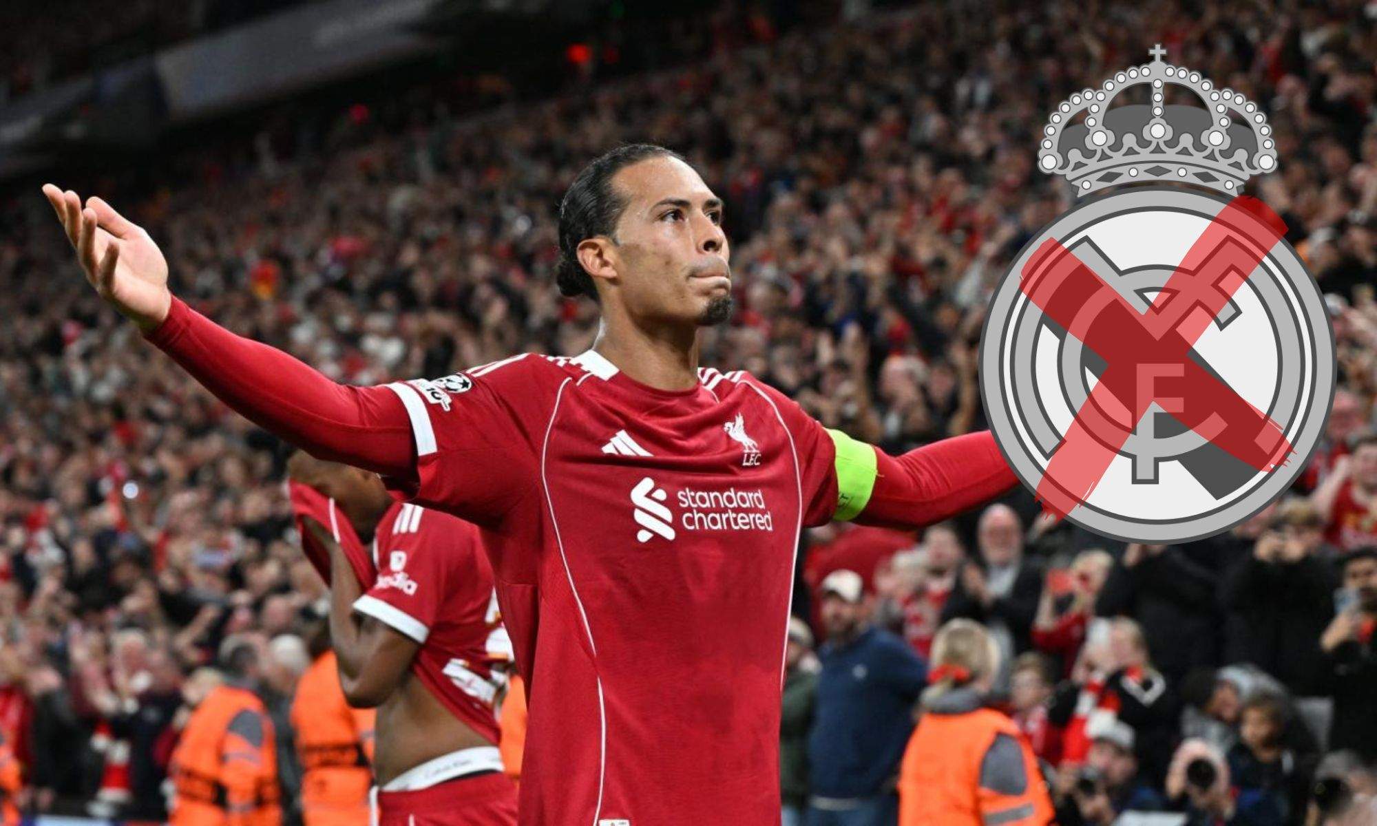 Van Dijk y escudo del Real Madrid tachado