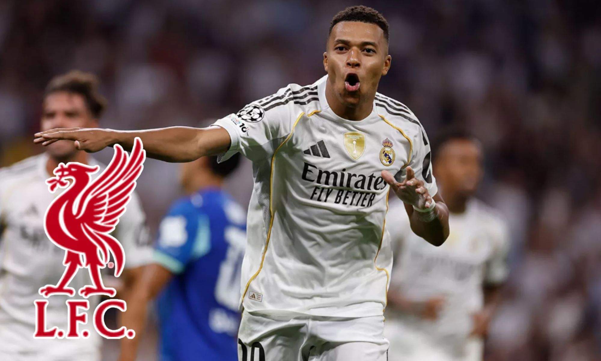 Mbappé celebrando y el escudo del Liverpool