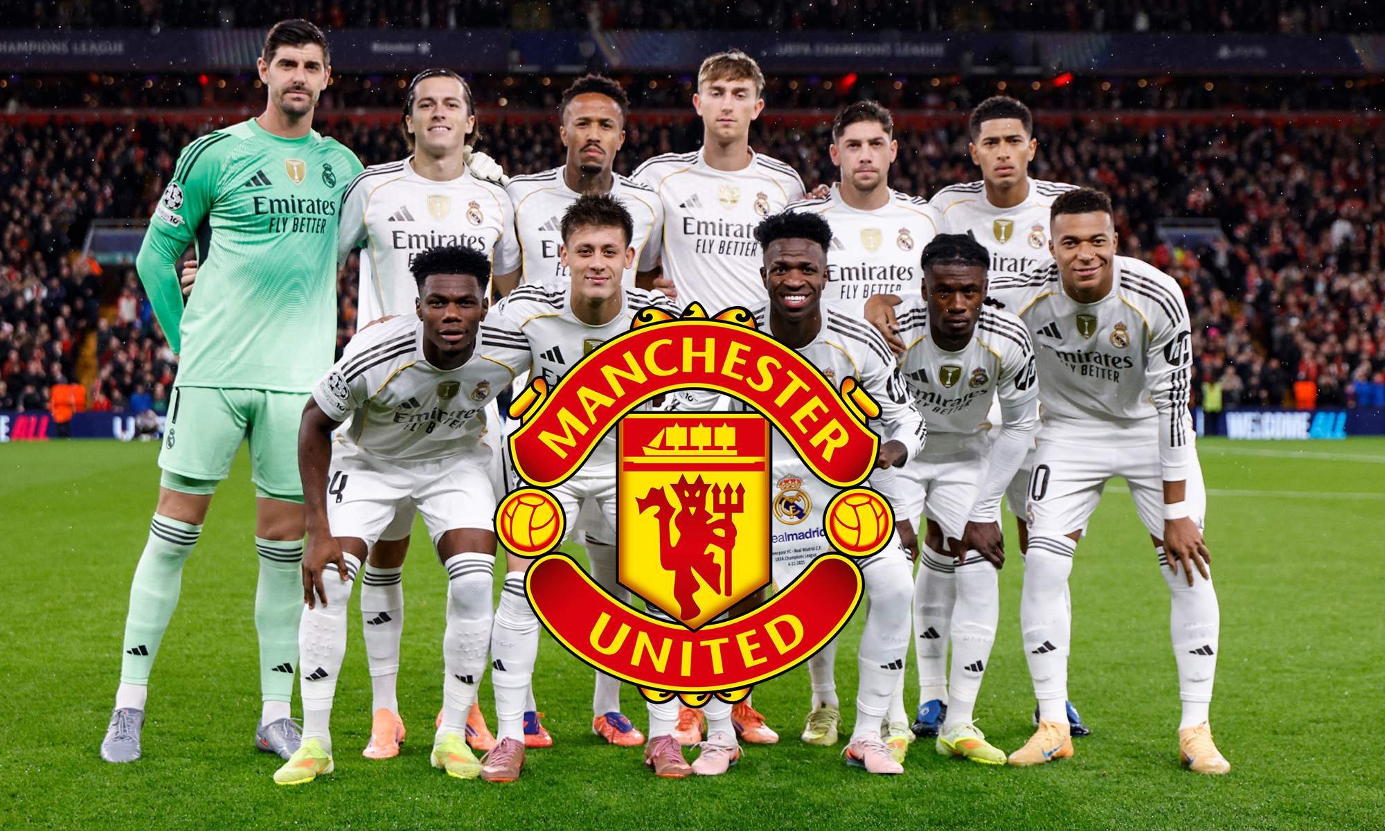 Once del Real Madrid y el escudo del Manchester United. 