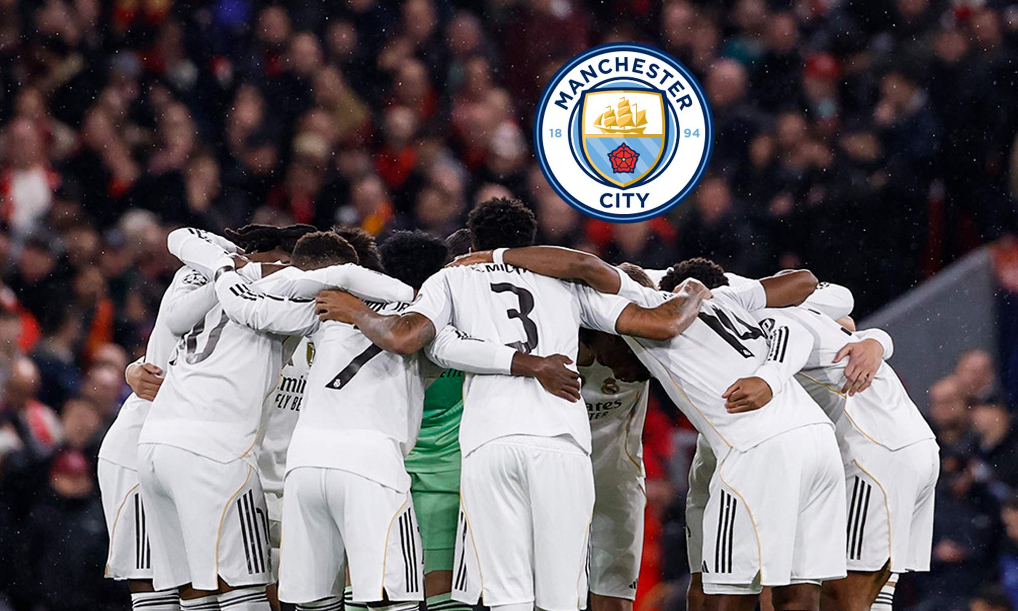 Jugadores del Real Madrid y el escudo del Manchester City. 