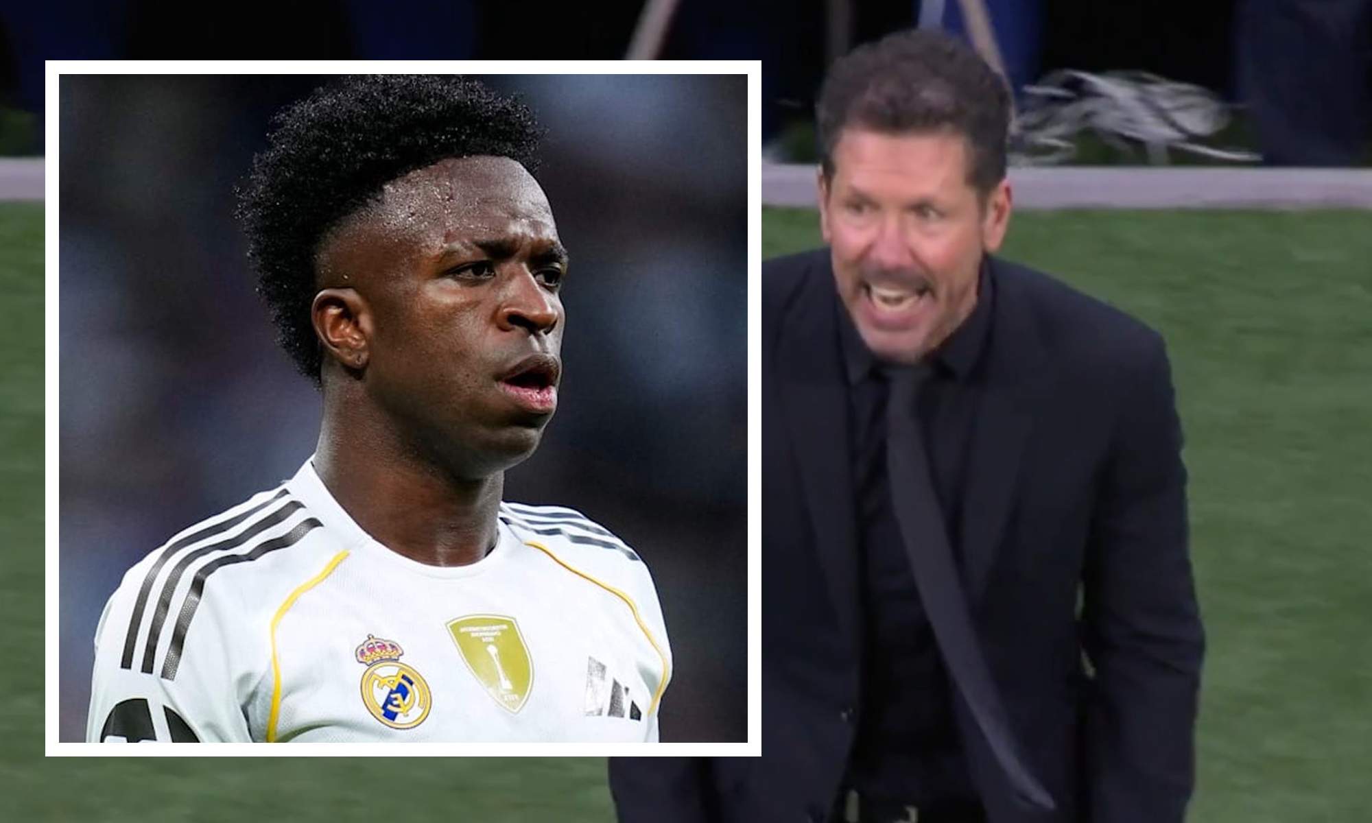 Cholo Simeone gritando y Vinicius serio en recuadro