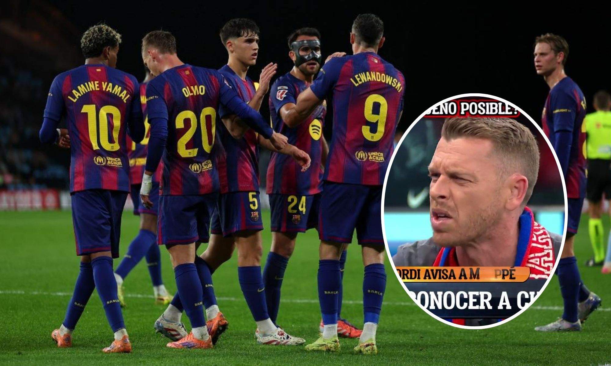 El Barça celebrando un gol en Balaídos y Jota Jordi